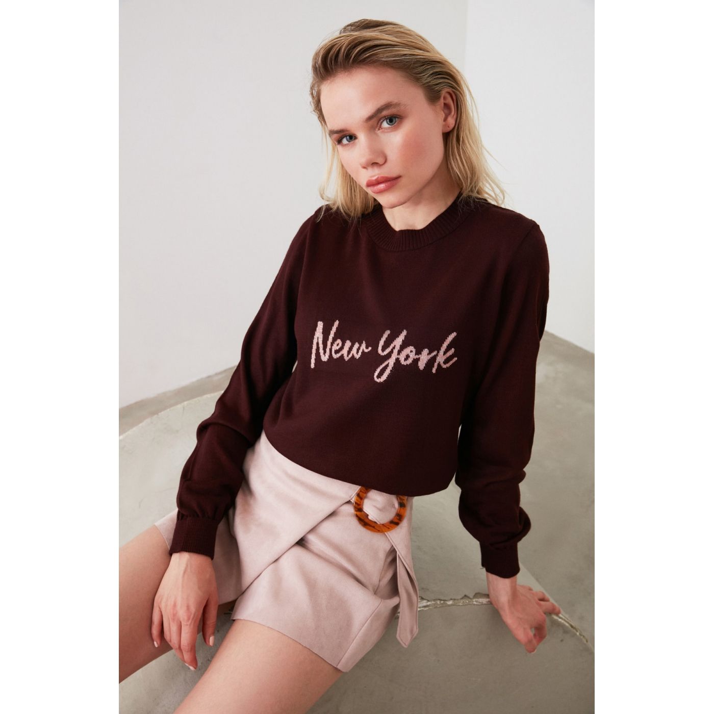 Trendyol Mürdüm New York Written Knit Sweater