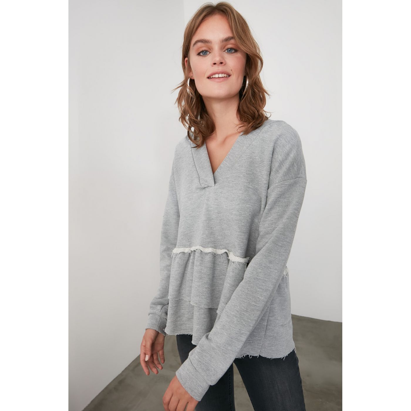 Trendyol Grey Frill Detailed Hooded Basic Knitted Sweatshirt