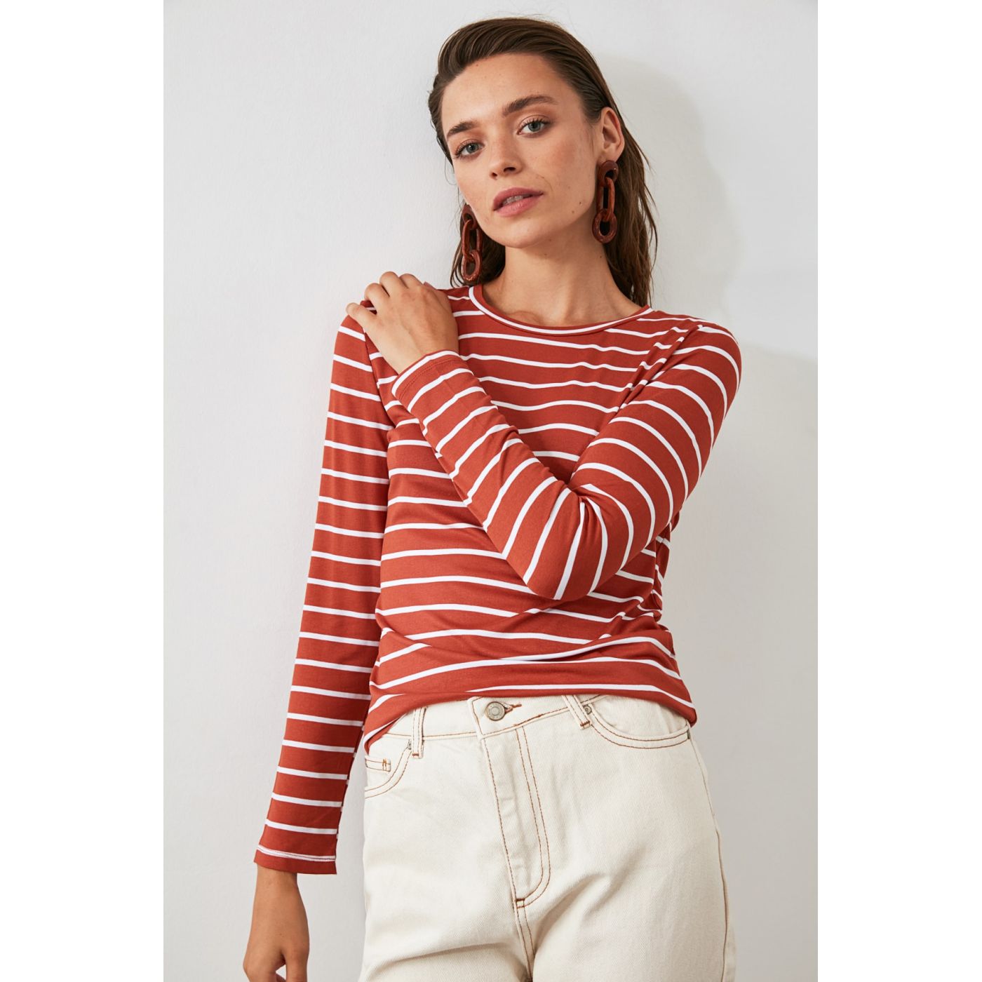 Trendyol Tdare Striped Basic Long Sleeve Knitting T-Shirt