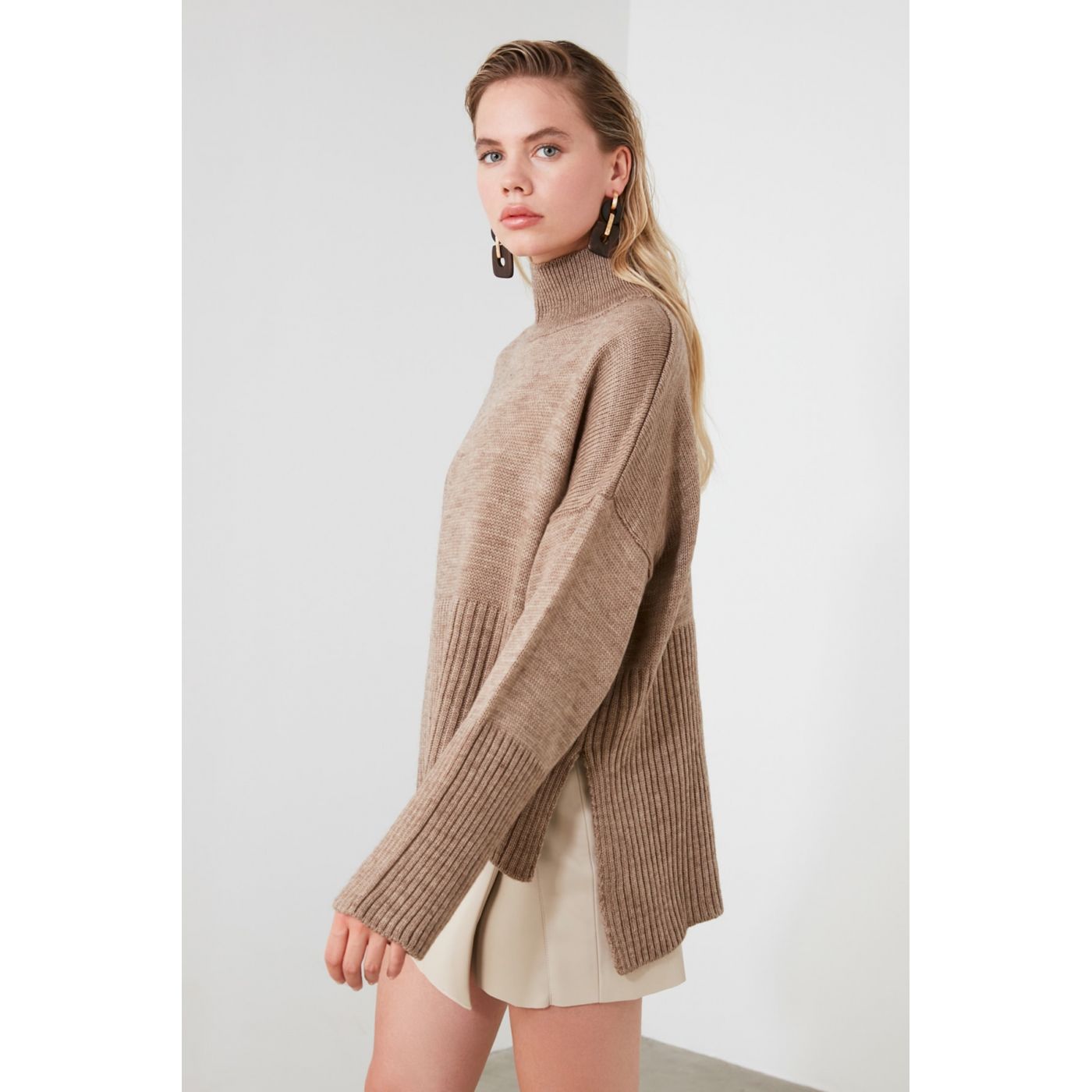 Trendyol Camel Steep Collar Knit Sweater