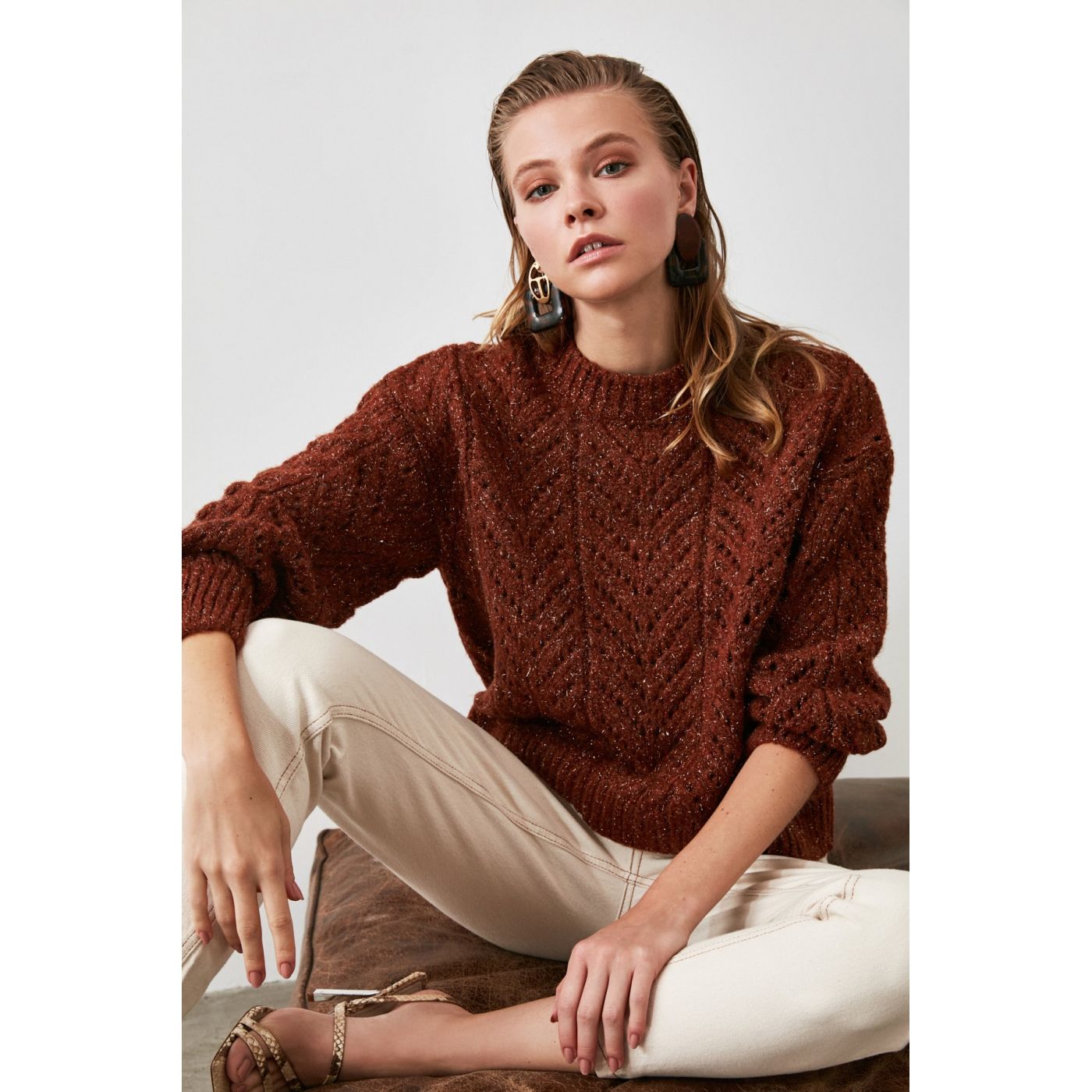 Trendyol Brown Mesh Detailed Simli Knit Sweater