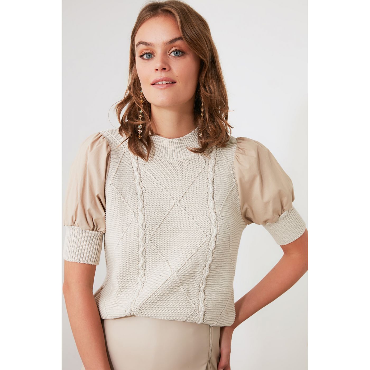 Trendyol Stone Balloon Sleeve Mesh Detailed Knitwear Sweater