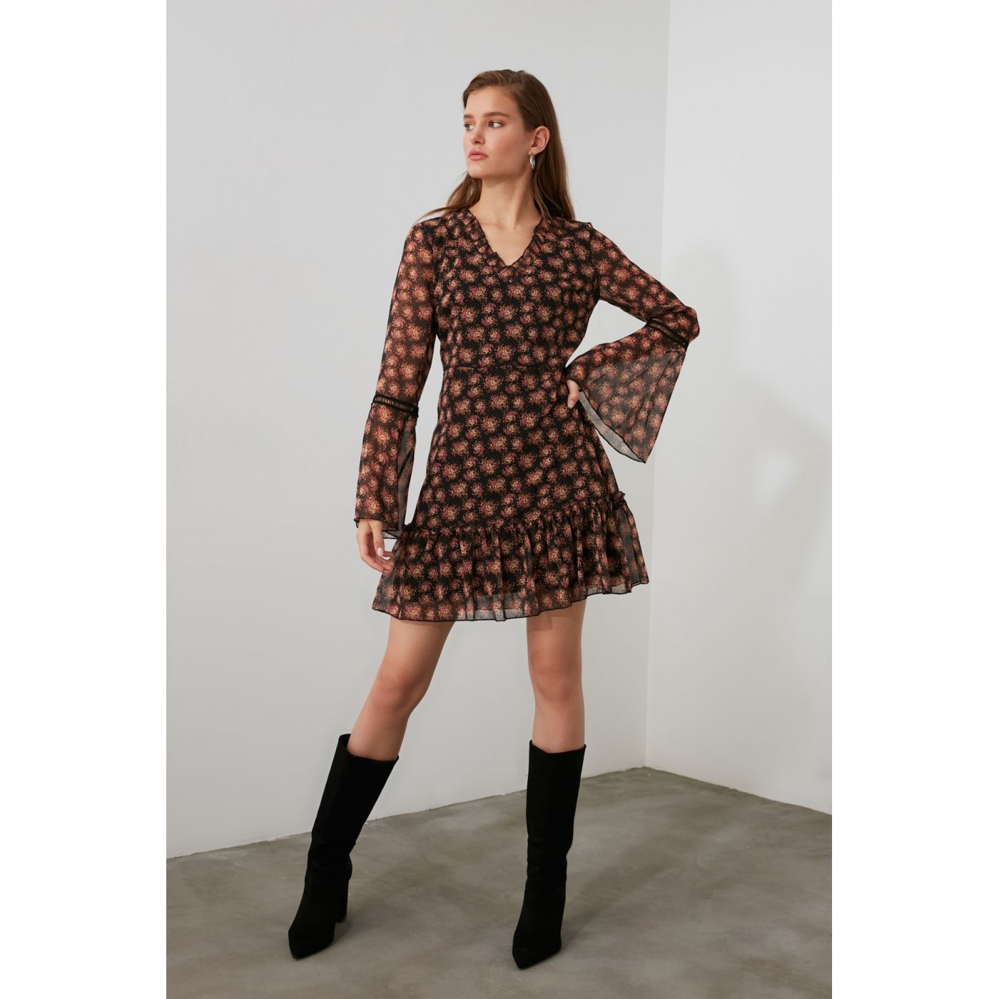 Trendyol Black Sleeve Detailed Patterned Dress