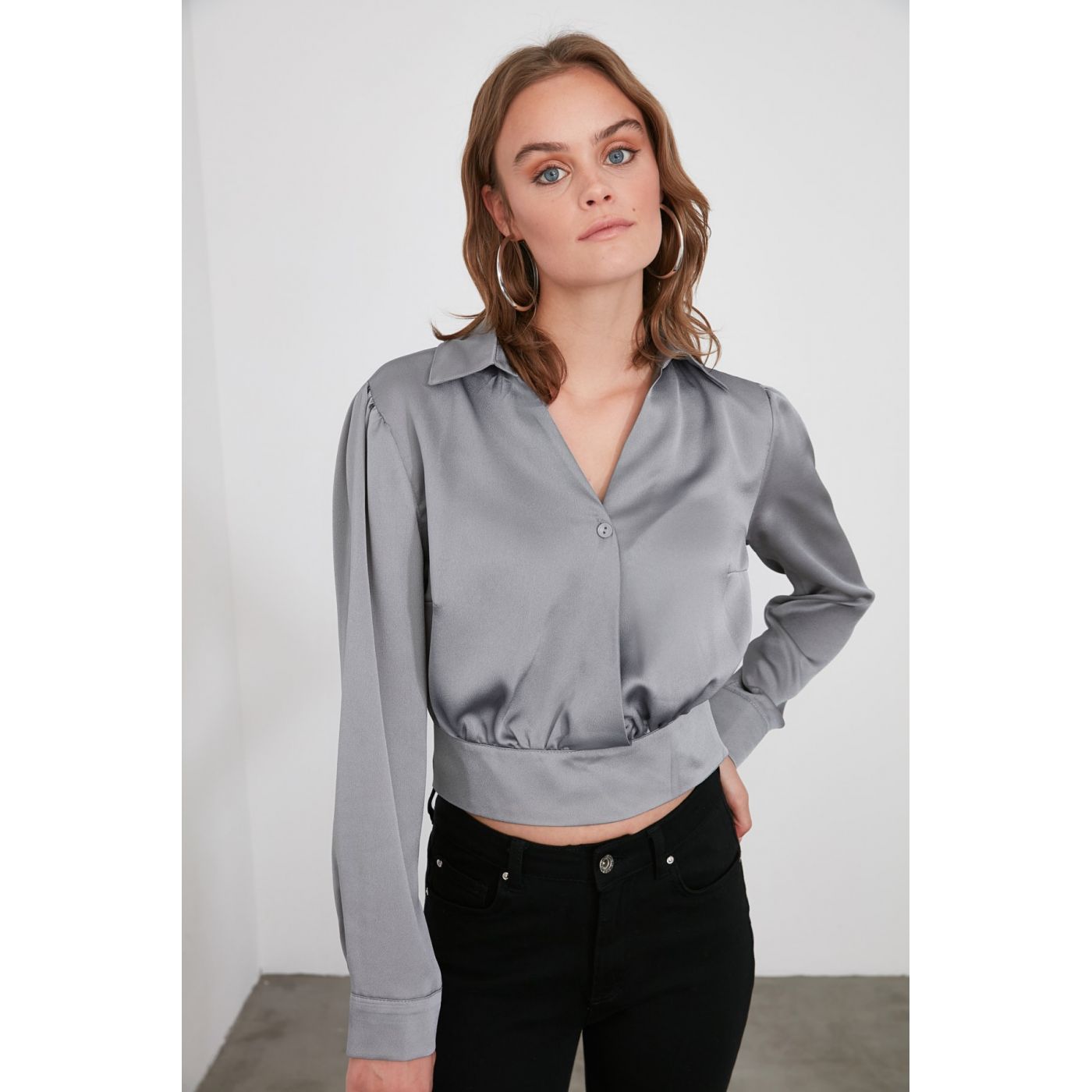 Trendyol Grey V-Neck Blouse
