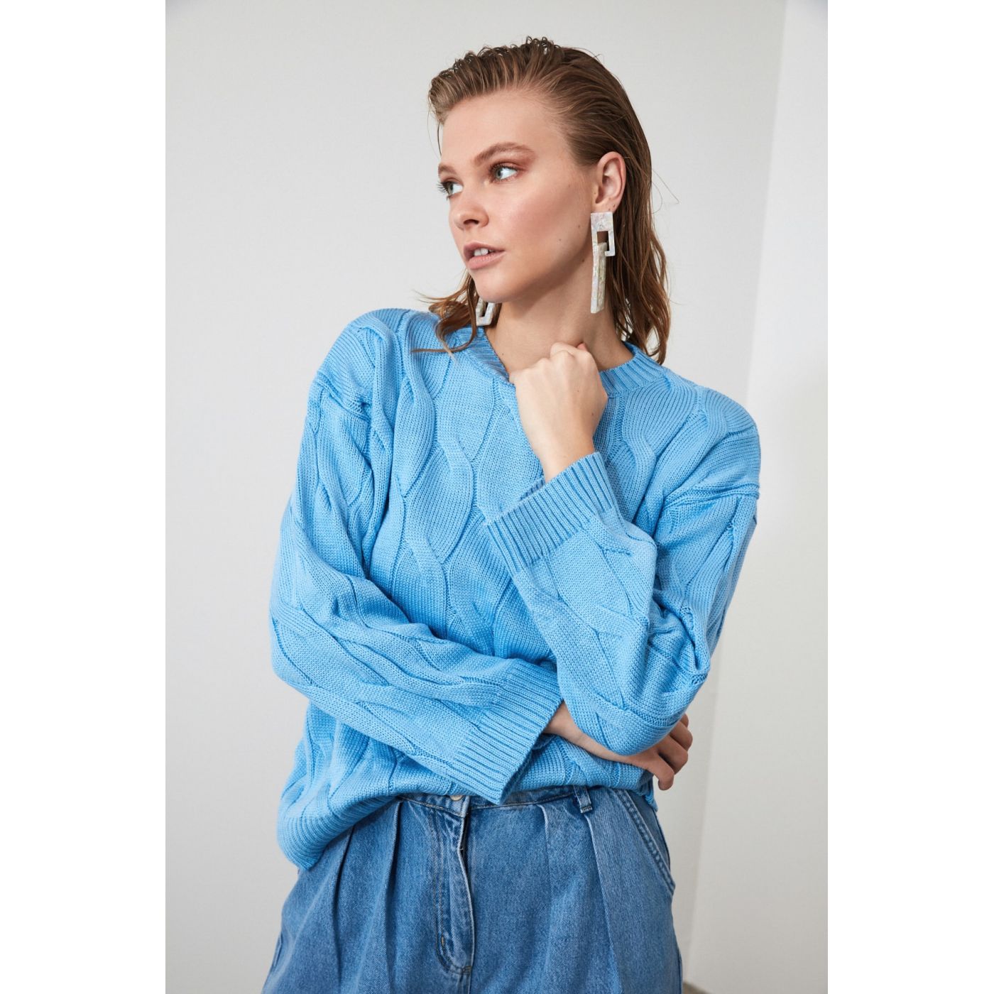 Trendyol Blue Braided Knit Sweater