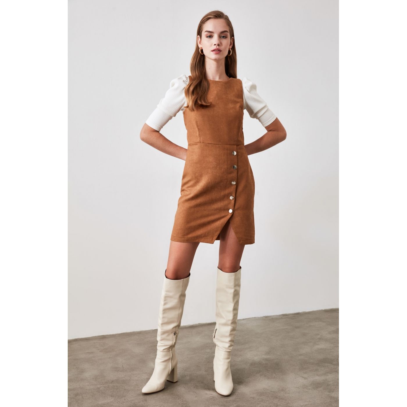Trendyol Camel Button Detailed Suede Dress