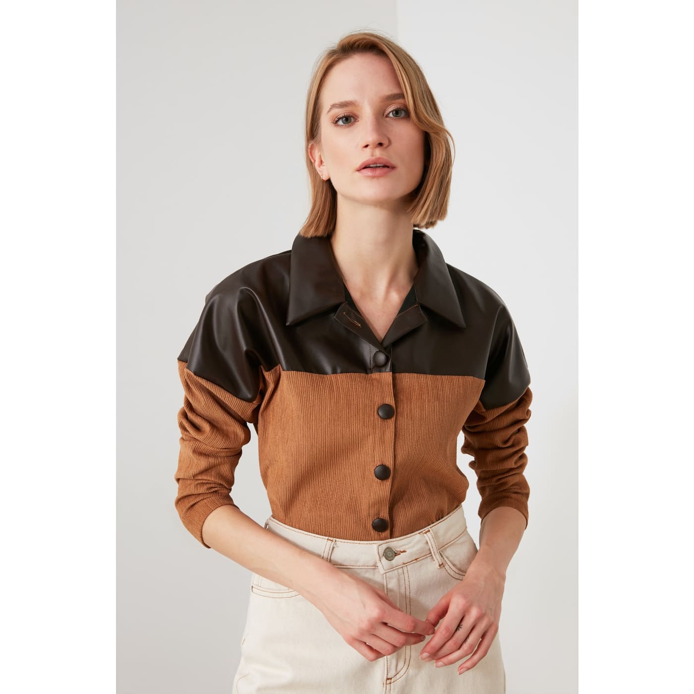 Trendyol Brown Leather Detailed Shirt