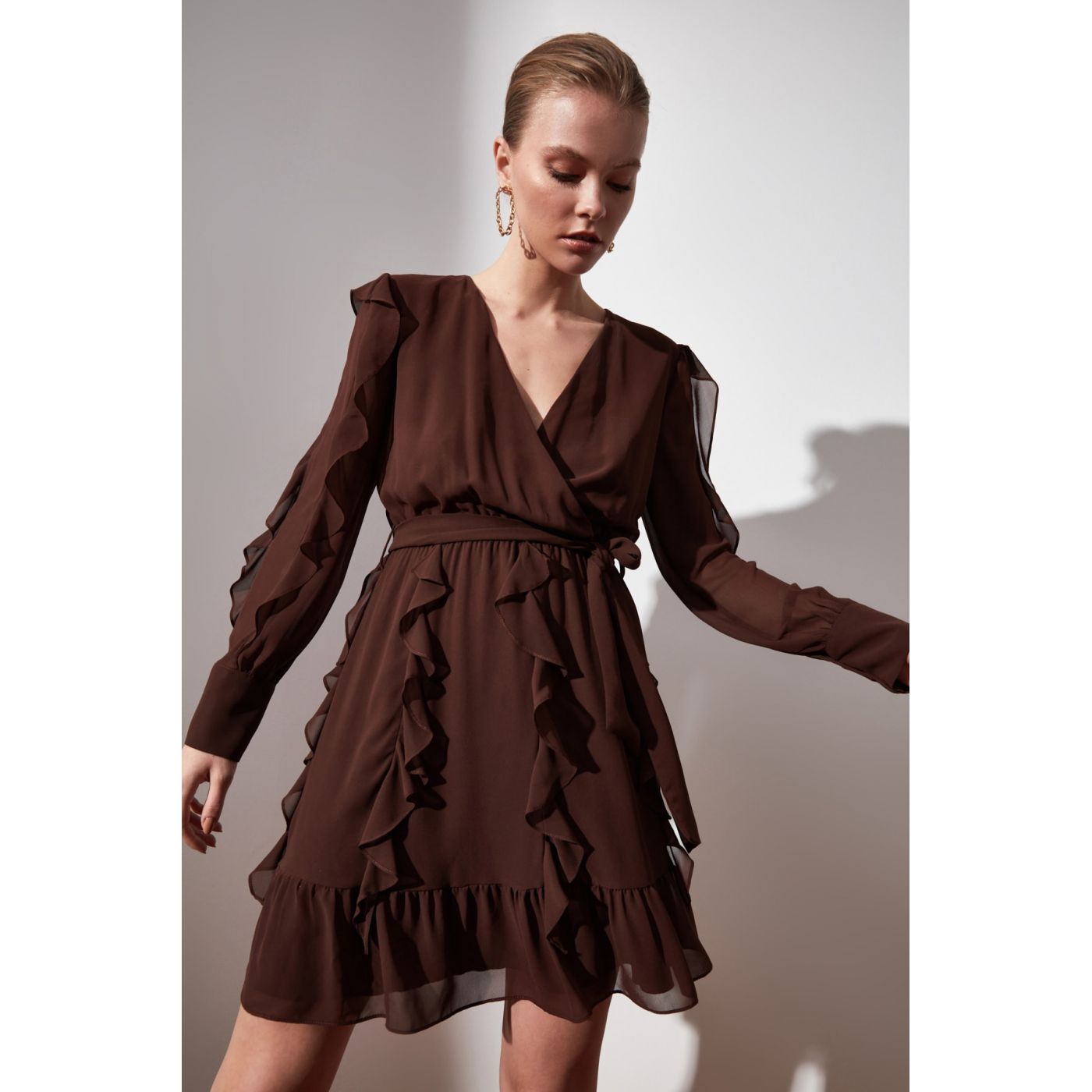 Trendyol Brown Belt Ruffle Detailing Dress