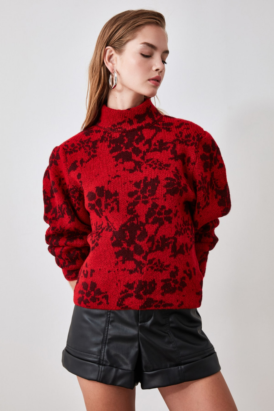 Trendyol Red Flower Patterned Knitwear Sweater
