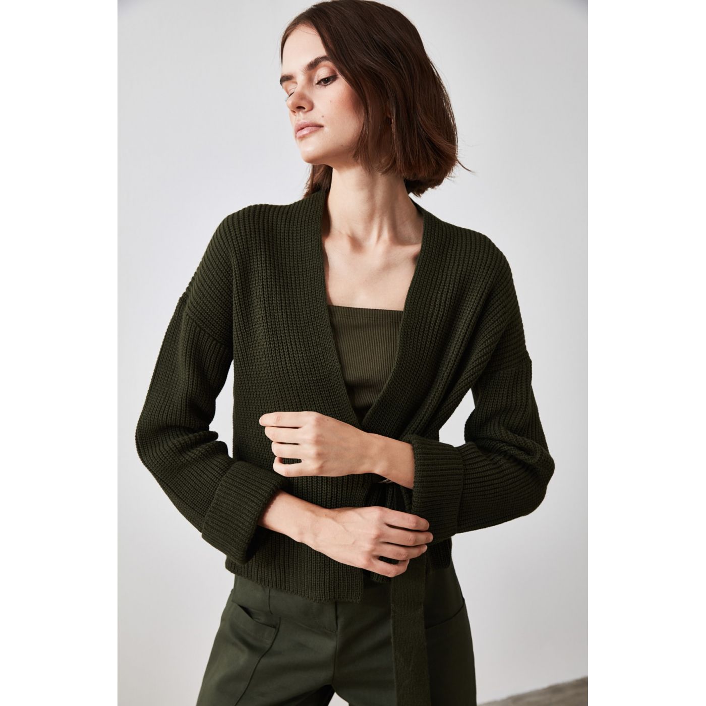 Trendyol Emerald Green Cruiser Binding Detailed Knitwear Cardigan