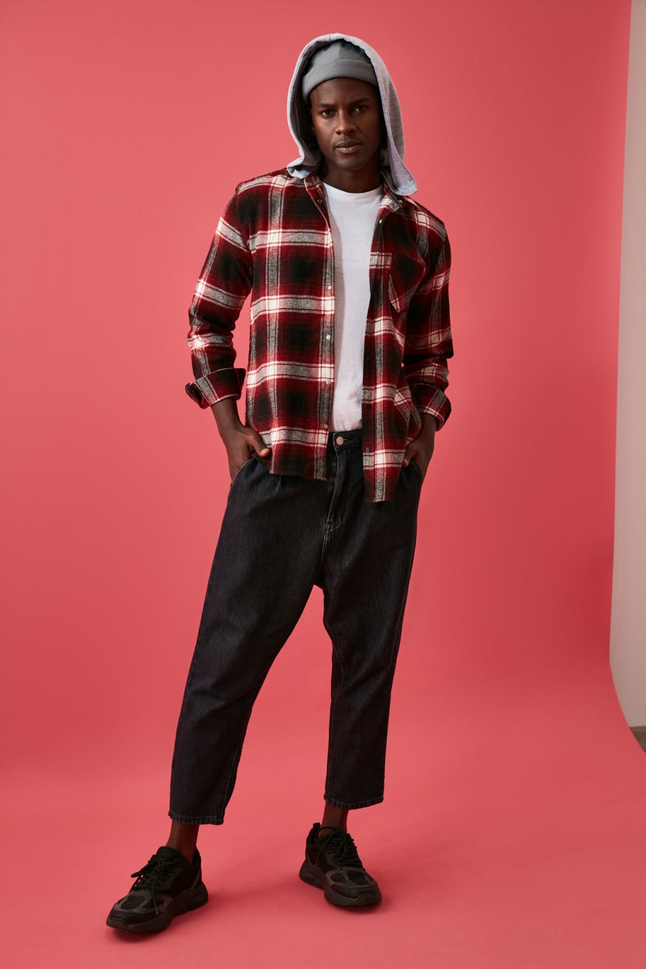 Trendyol Anthracite Men's Plaid Lumberjack Hooded Slim Fit Shirt