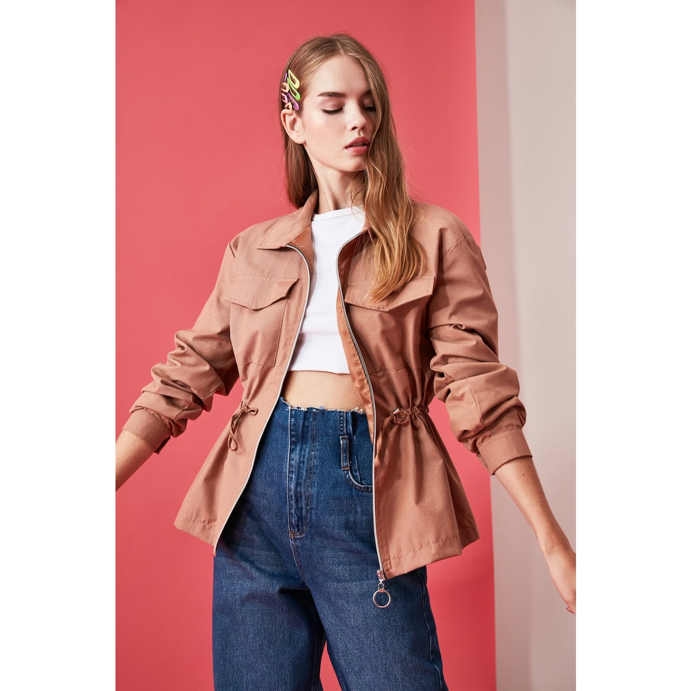 Trendyol Camel Belden Smuzgü Detailed Pocket Zip-Off Mont