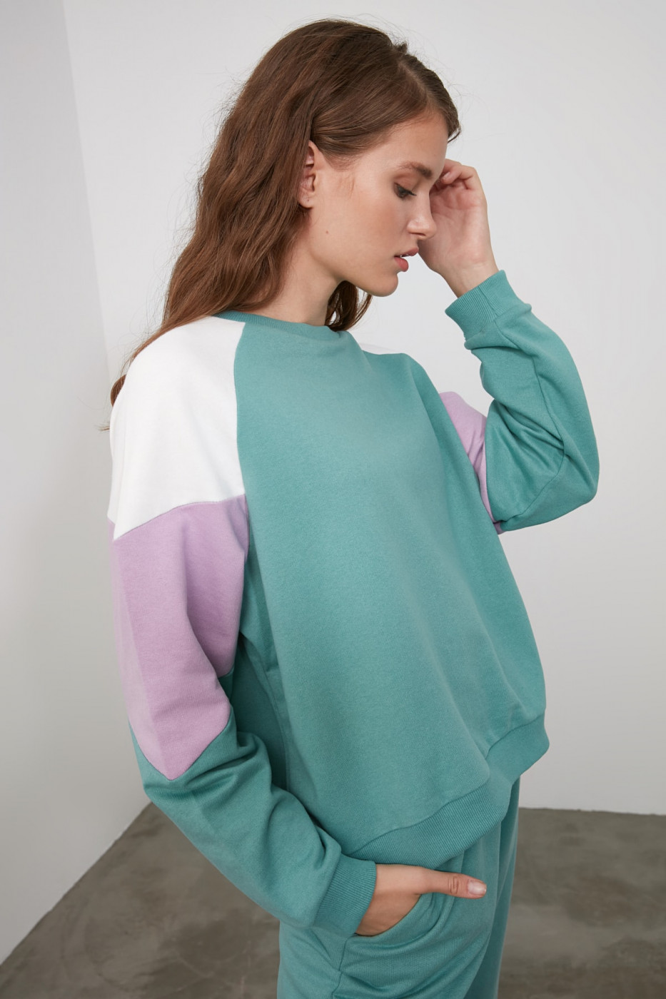 Trendyol Mint Color Block Basic Knitted Sweatshirt