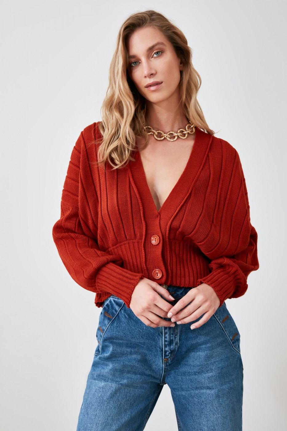 Trendyol Cinnamon Balloon Sleeve Knitwear Cardigan