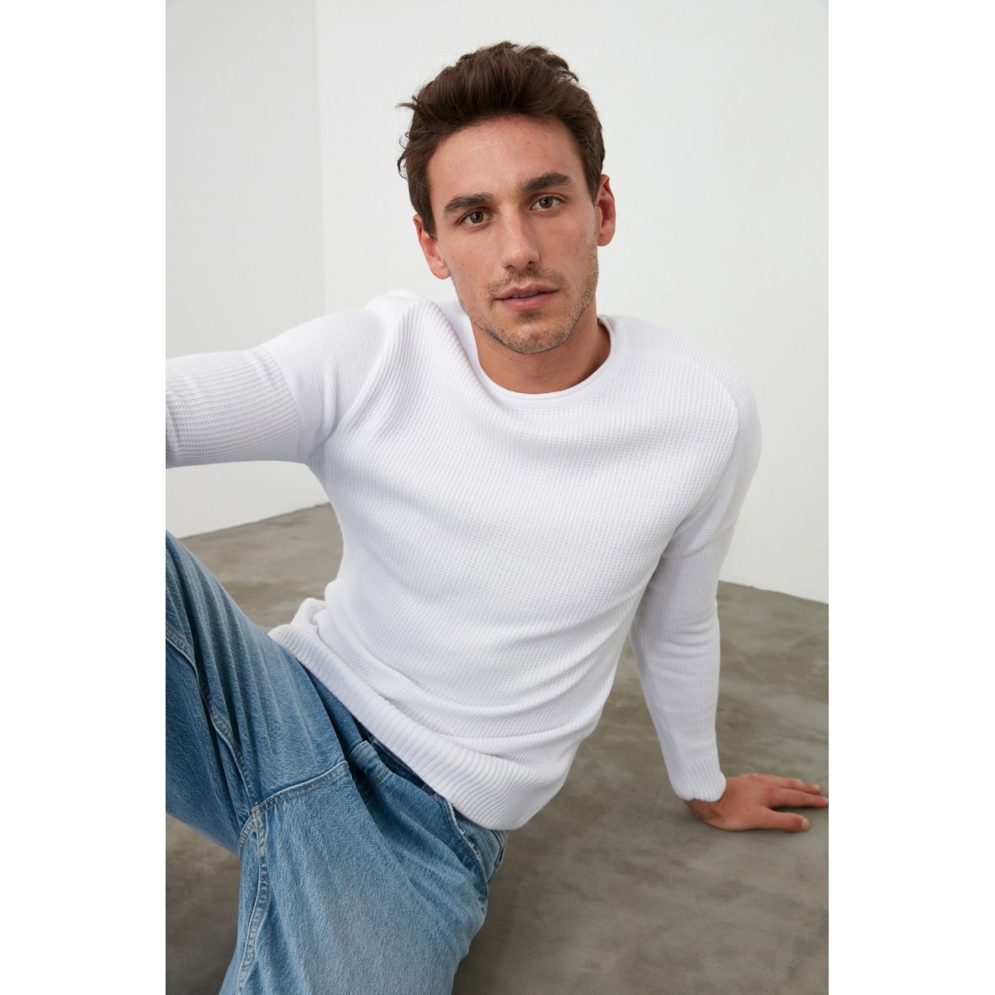 Trendyol Cream Men's Bicycle Collar Textured Knitwear Sweater