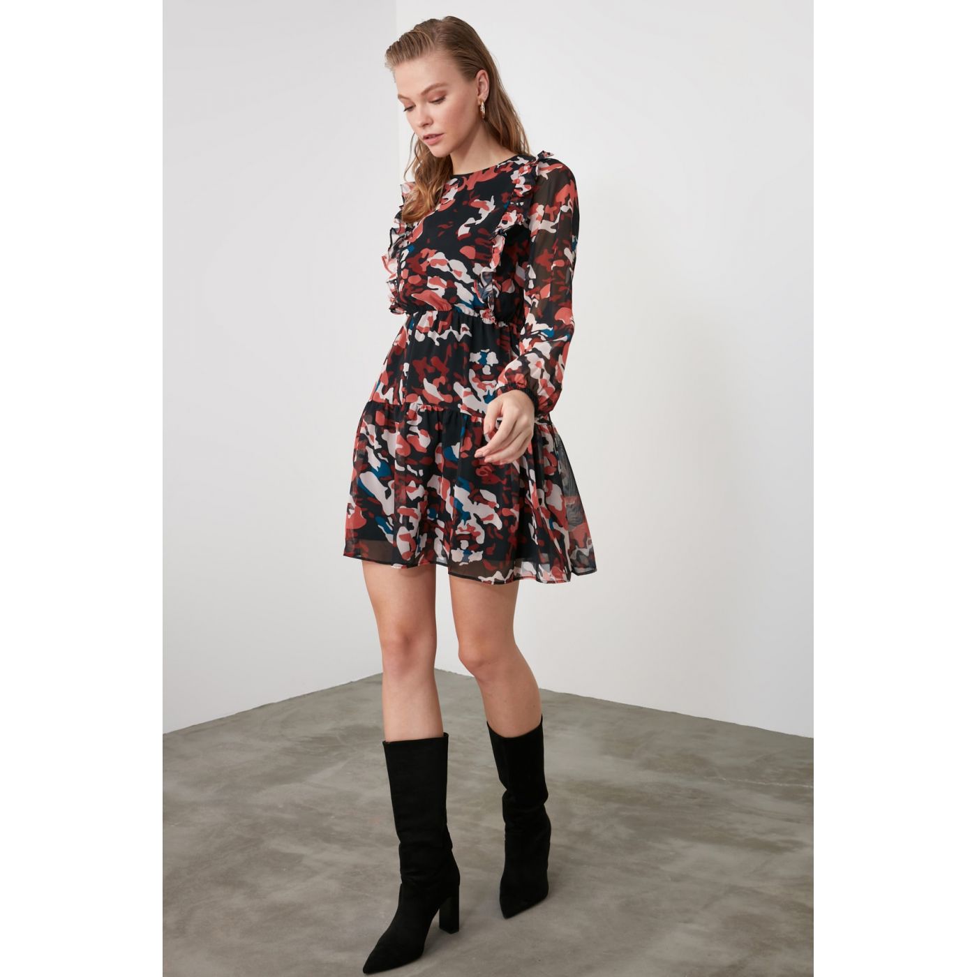 Trendyol Black Frilled Patterned Dress