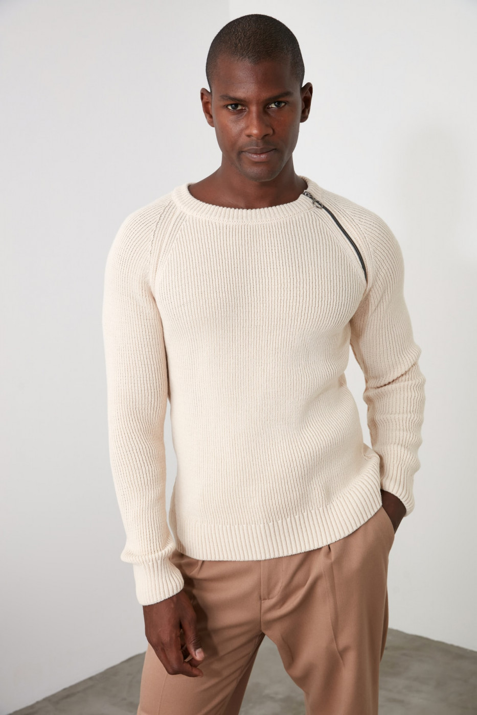 Trendyol Beige Men's Bike Collar Side Zippered Knit Sweater