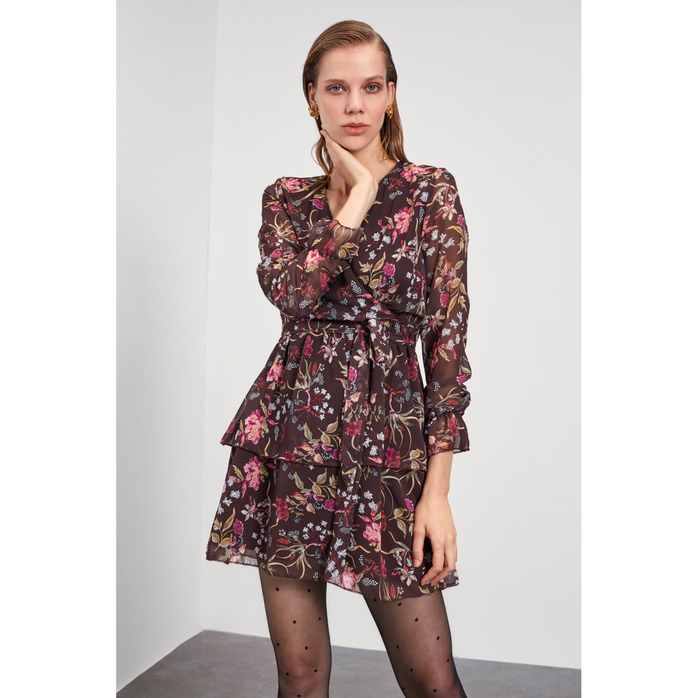 Trendyol Brown Belt Floral Patterned Flywheel Dress