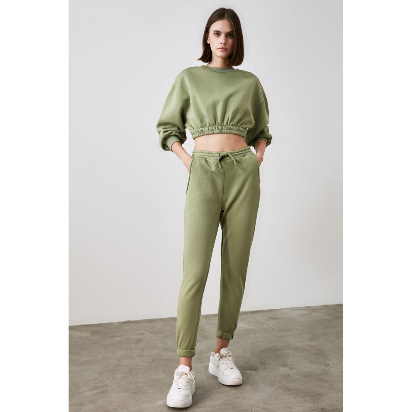 Trendyol Mint Crop and Basic Jogger Knitted Tracksuit Set