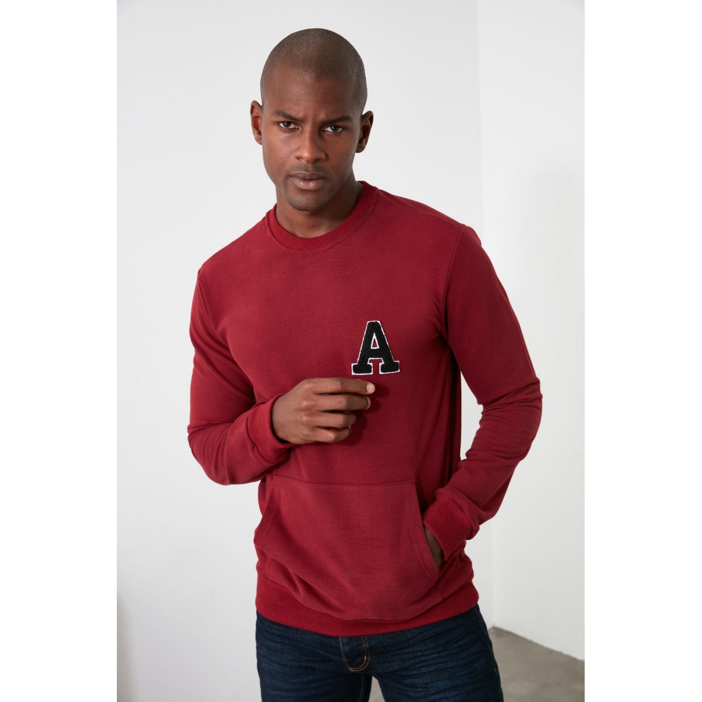 Trendyol Burgundy Men's Embroidered Bicycle Collar Regular Pocket Detailed Sweatshirt