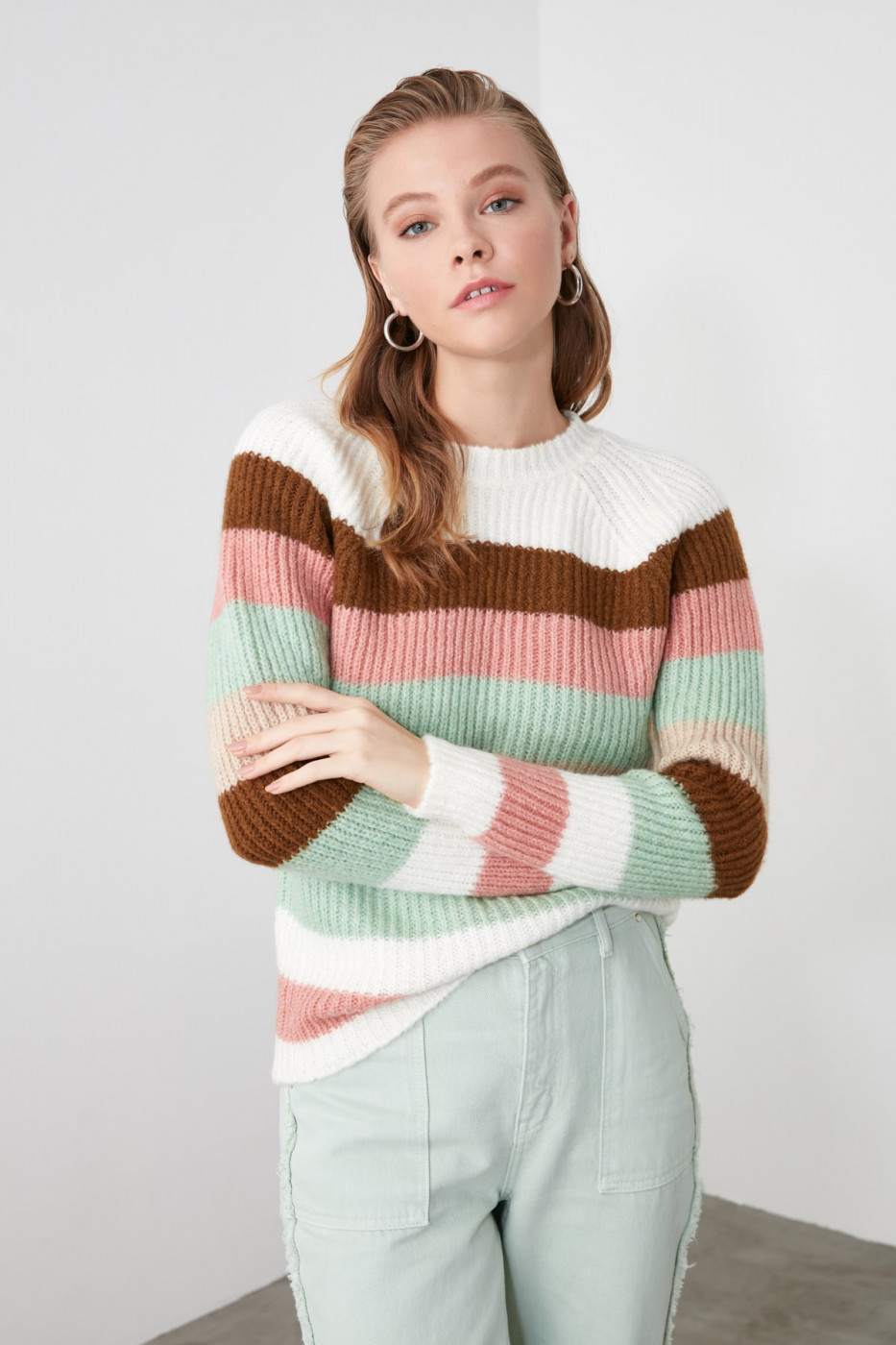 Trendyol Ekru Bicycle Collar Striped Knitwear Sweater