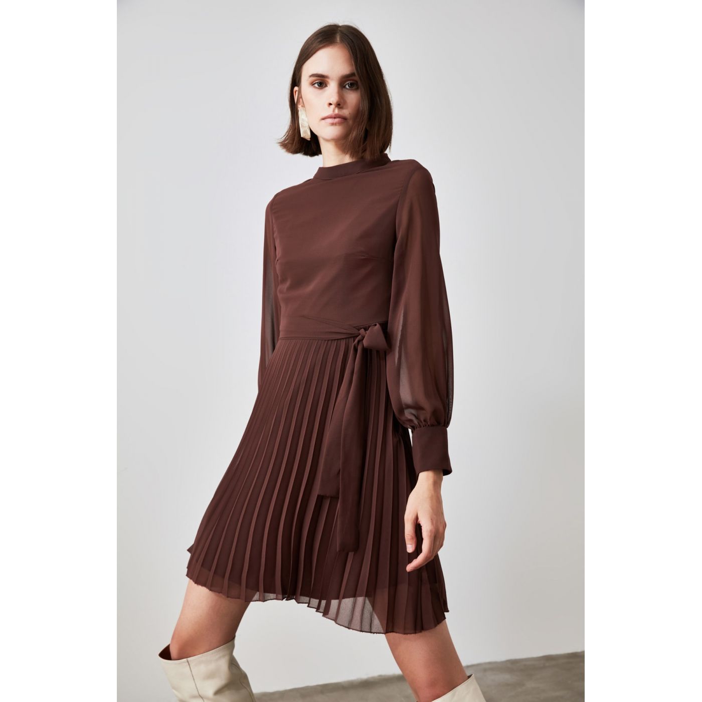 Trendyol Brown BeltEd Pleated Dress