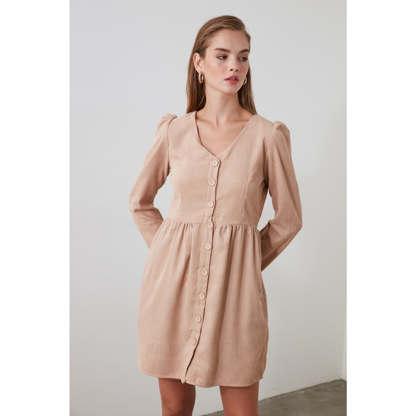 Trendyol Stone Button Detailed Velvet Dress