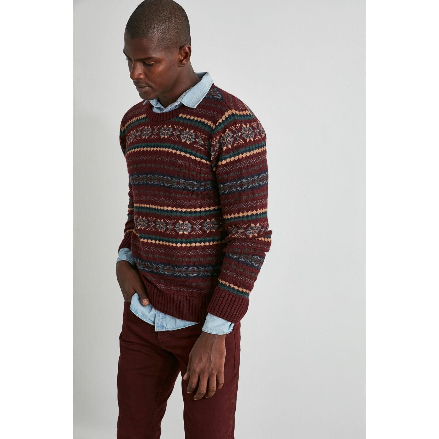 Trendyol Burgundy Men's Bicycle Collar Jacquard Knit Sweater