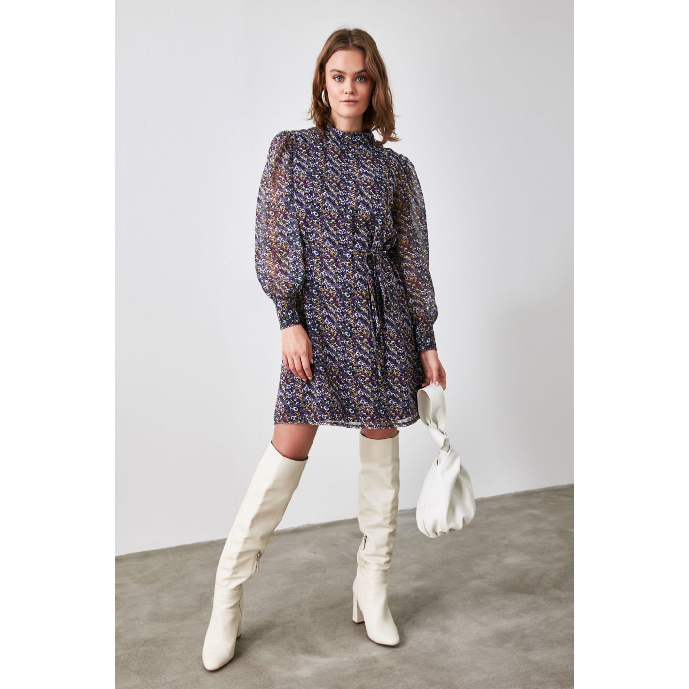 Trendyol Multicolored Belted Sheer Neckline Dress