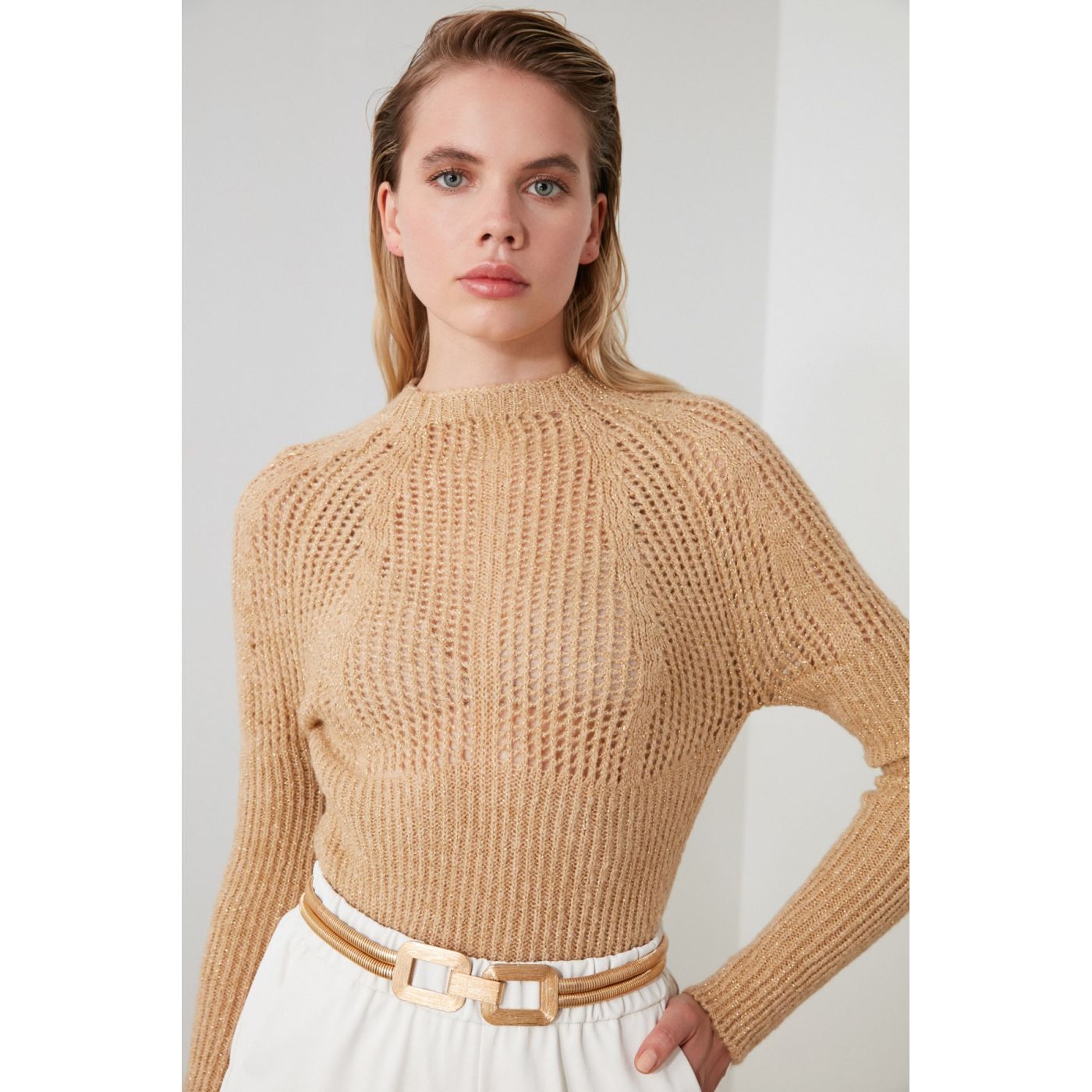 Trendyol Camel BlindS Simli Knit Sweater