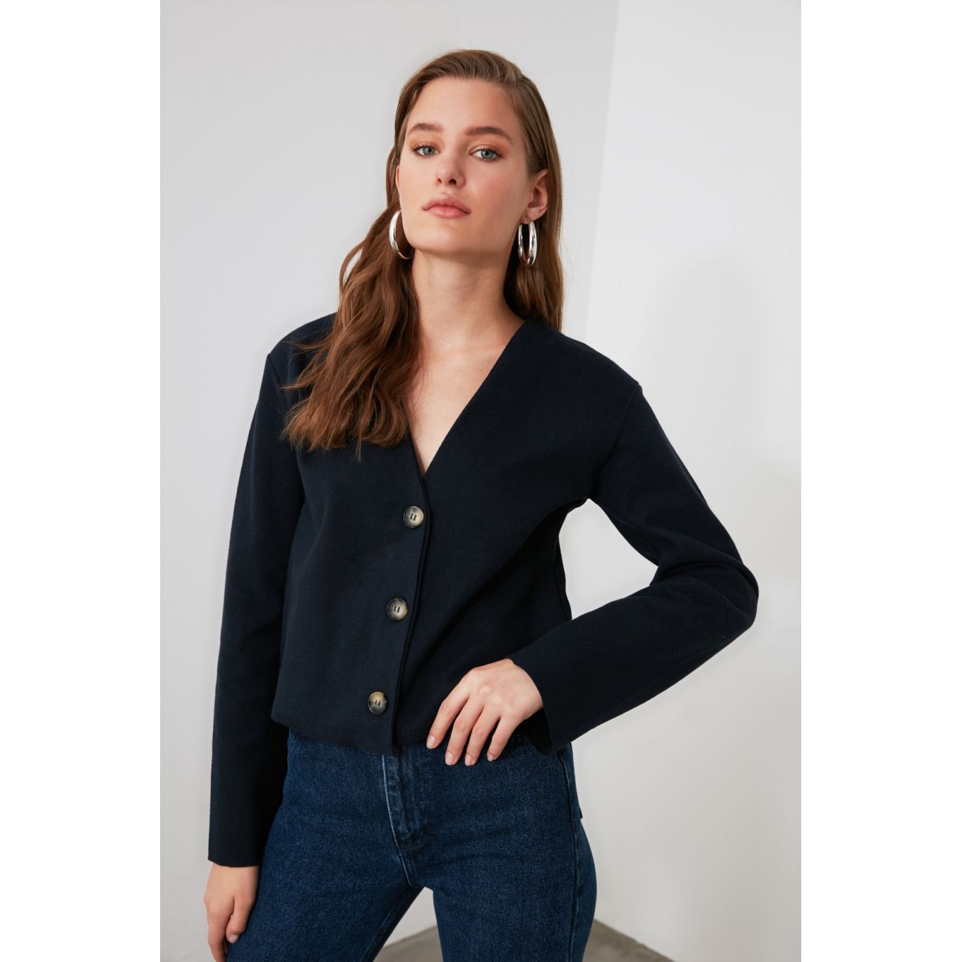 Trendyol Knitted Cardigan with Navy Button
