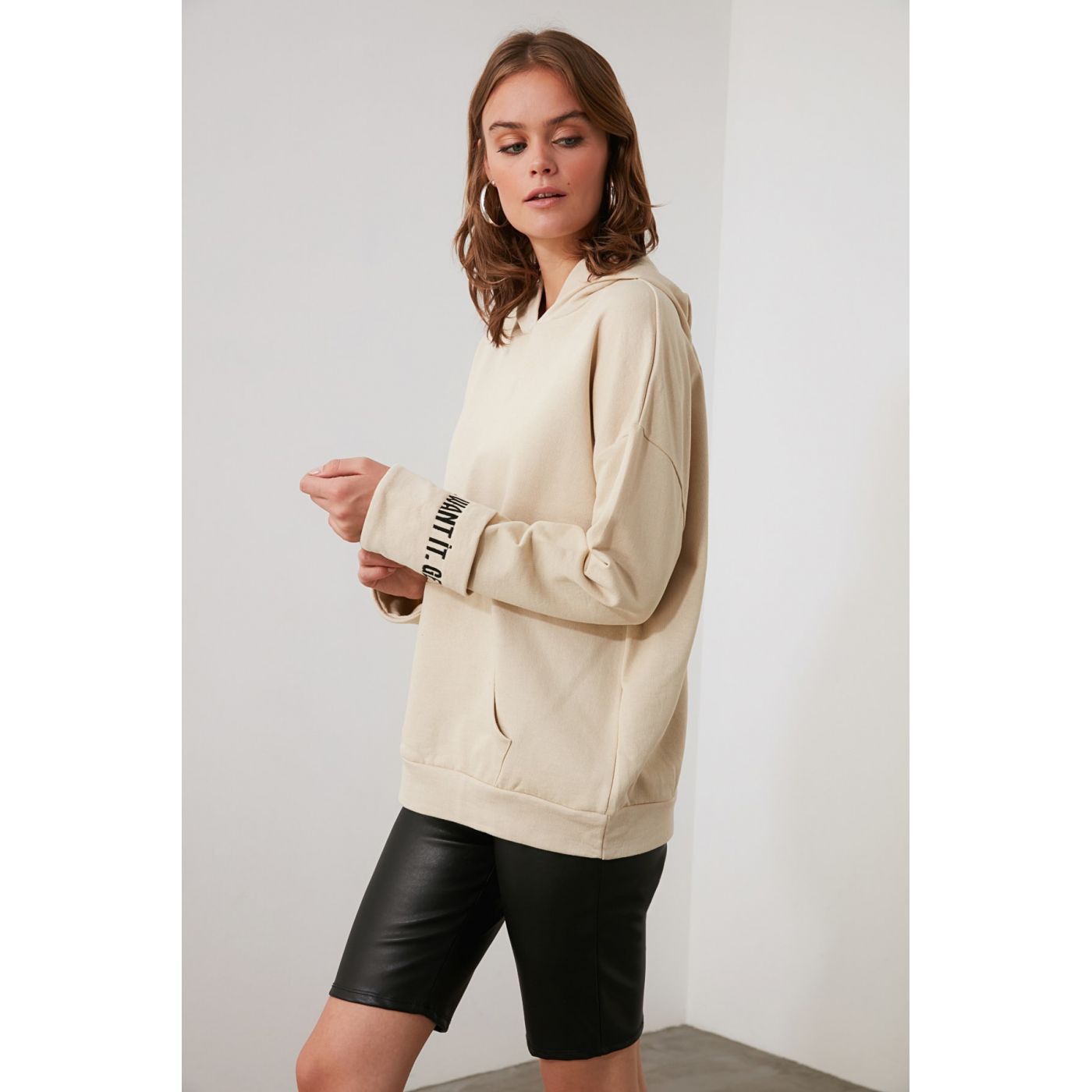Trendyol Beige Embroidered Basic Hooded Knitted Sweatshirt