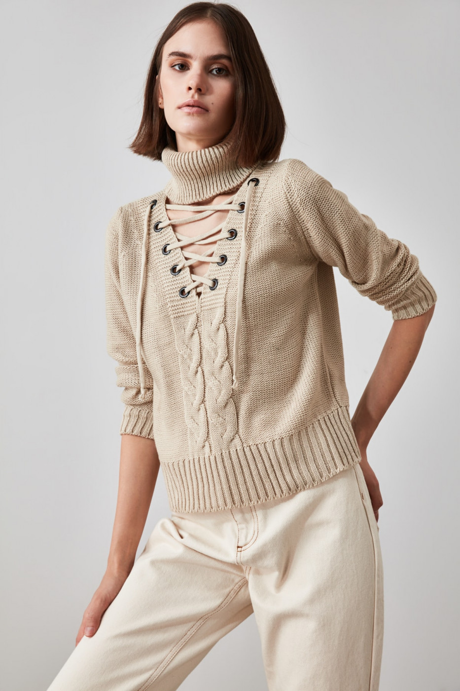 Trendyol Stone Bird's Eye Binding Detailed Knitwear Sweater