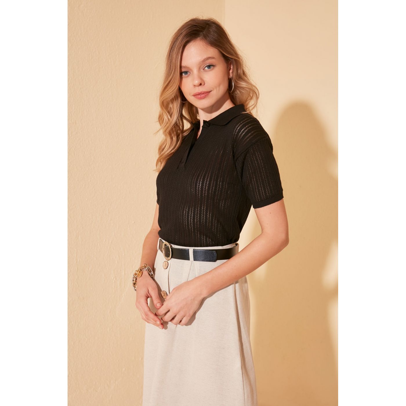 Trendyol Black Braid Detailed Polo Collar Knit Sweater