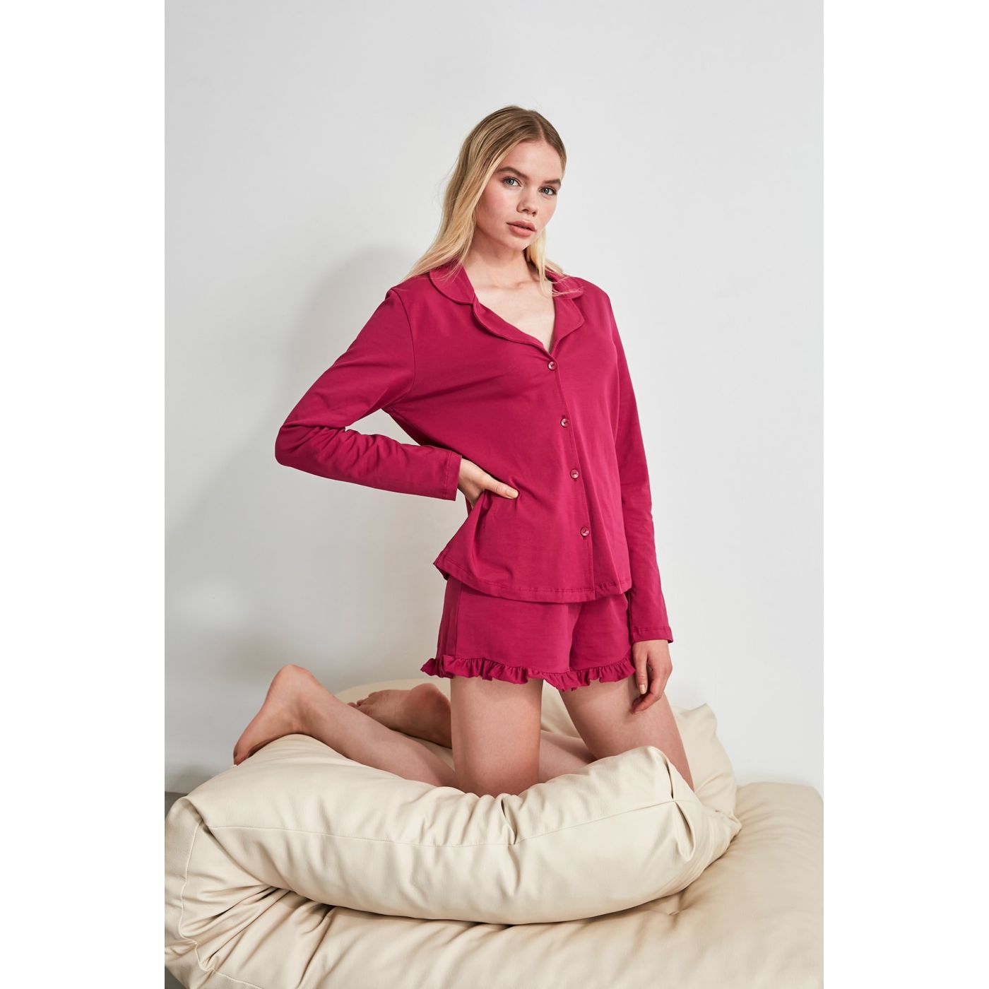 Trendyol Burgundy Frill Detailed Knitted Pyjama Set