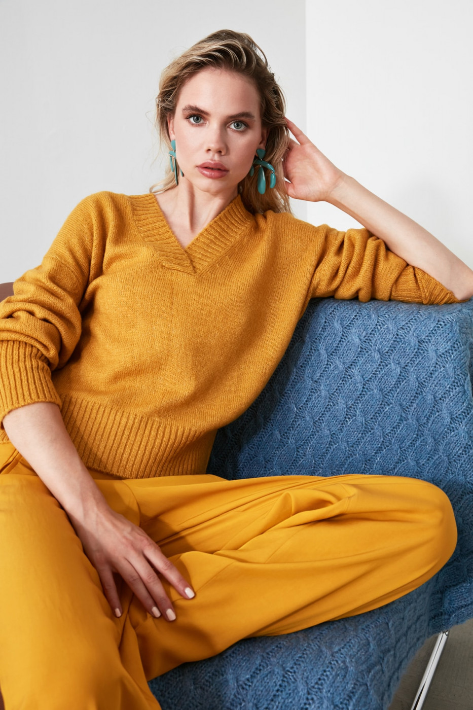 Trendyol Yellow V Collar Knit Sweater