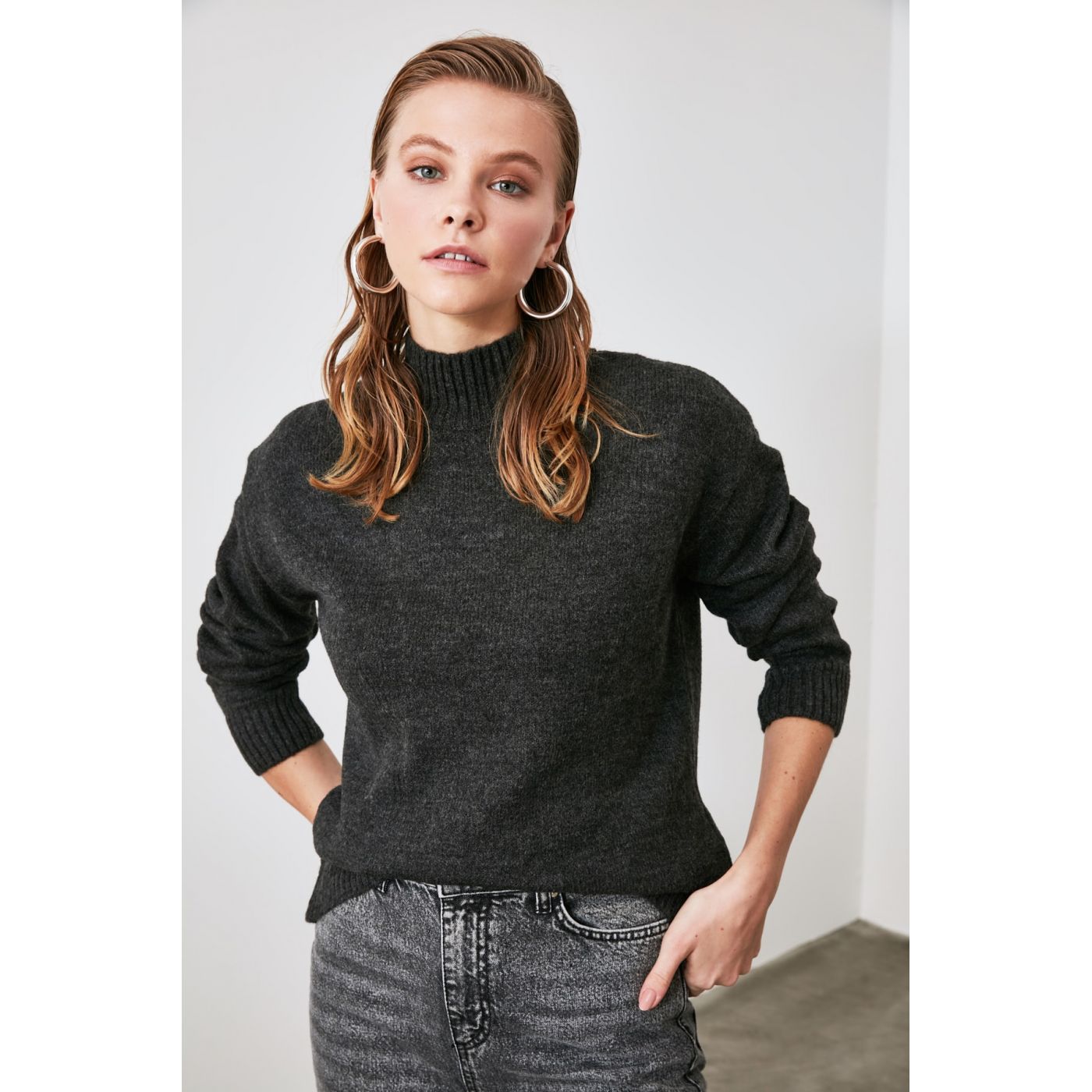 Trendyol Anthracite Upright Collar Knitwear Sweater