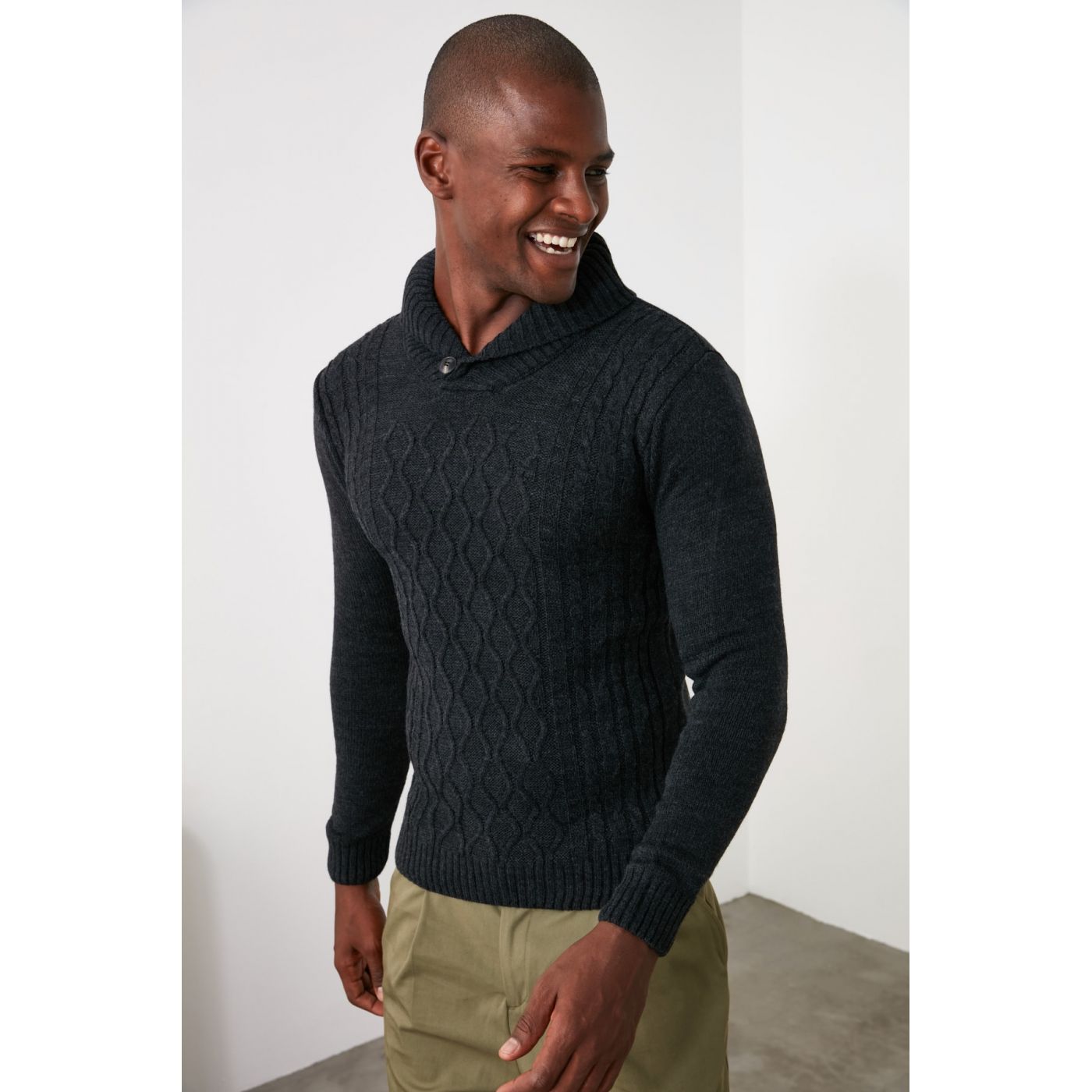 Trendyol Anthracite Men's Hair Braid Shawl Collar Knuckle Sweater