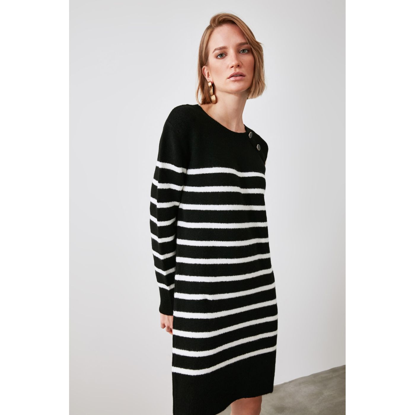 Trendyol Black Striped Button Detailed Knitwear Dress