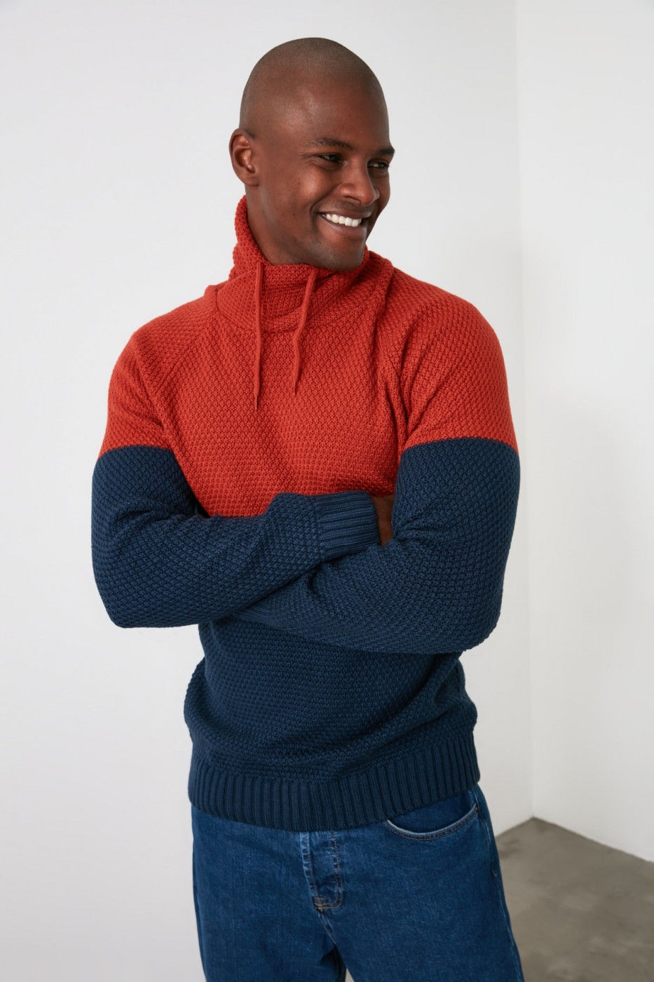 Trendyol Tile Men's Shawl Collar Paneled Knitwear Sweater