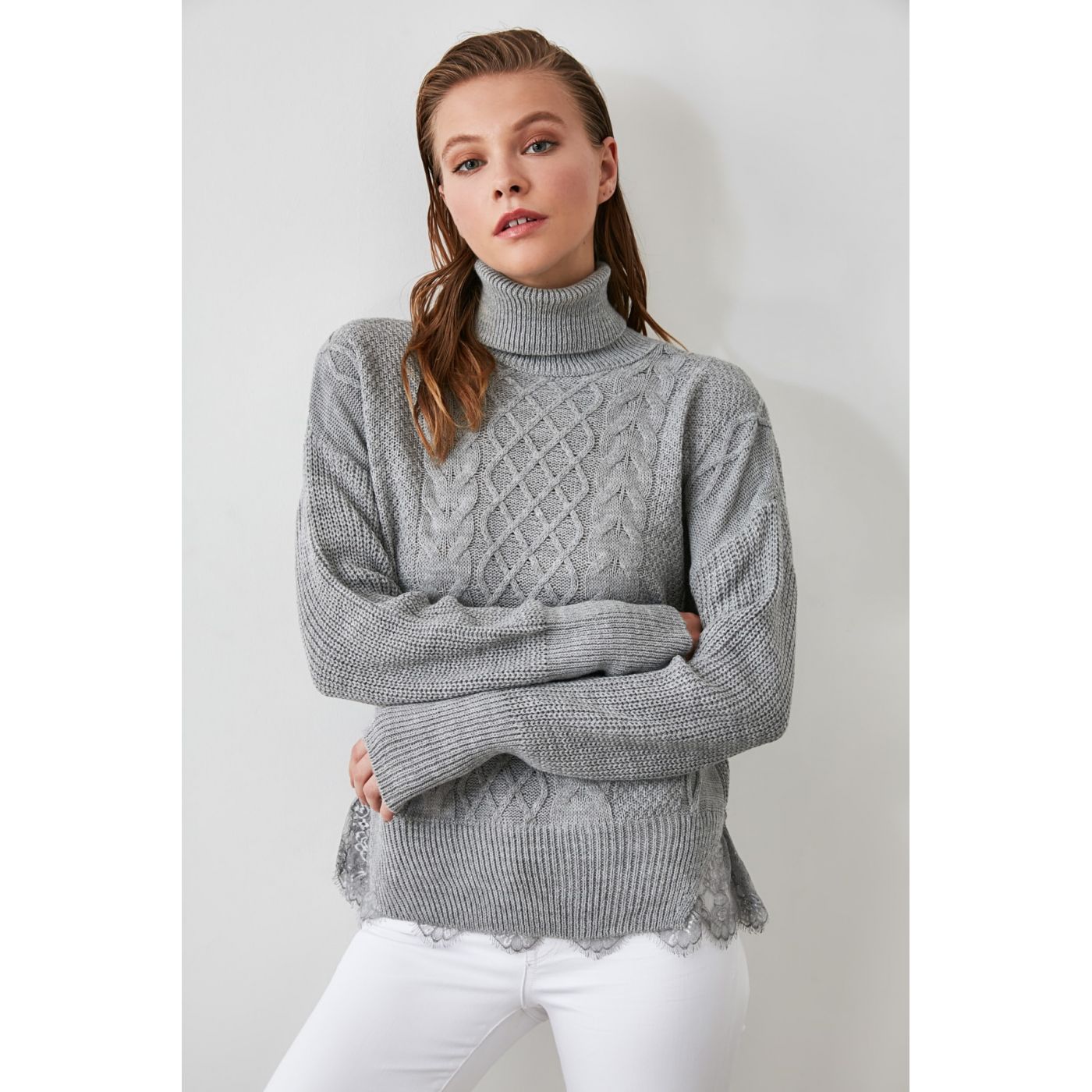 Trendyol Grey Lace Detailed Knitwear Sweater