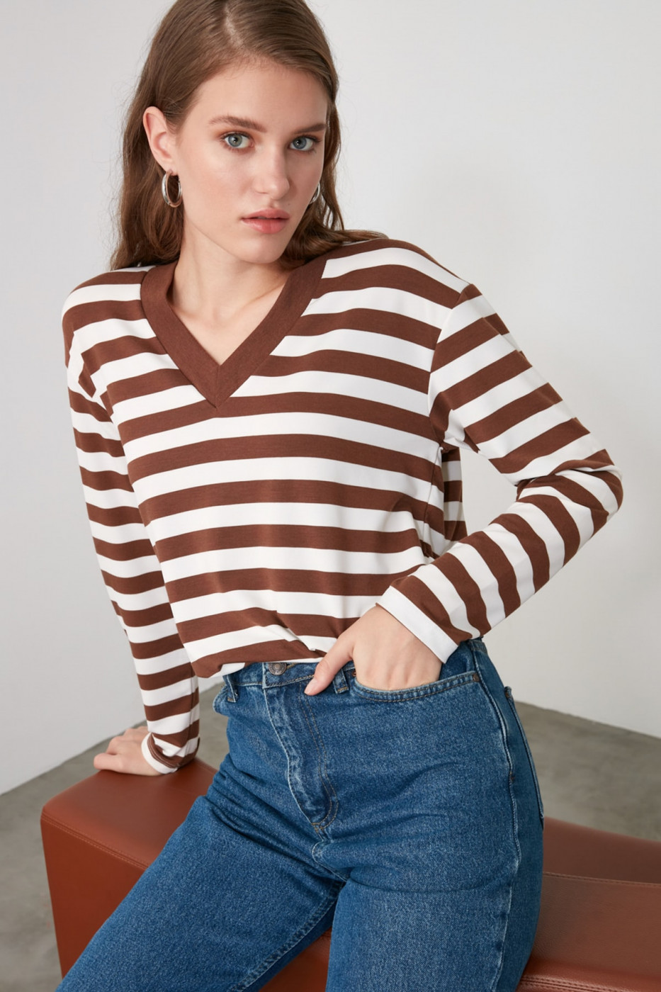 Trendyol Mink Striped V-Neck Knitted Blouse