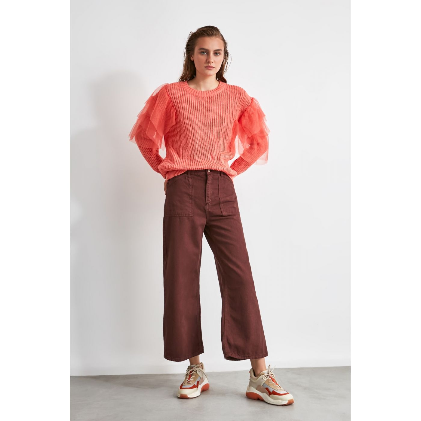 Trendyol Brown Pocket Detailing High Waist Wide Leg Jeans