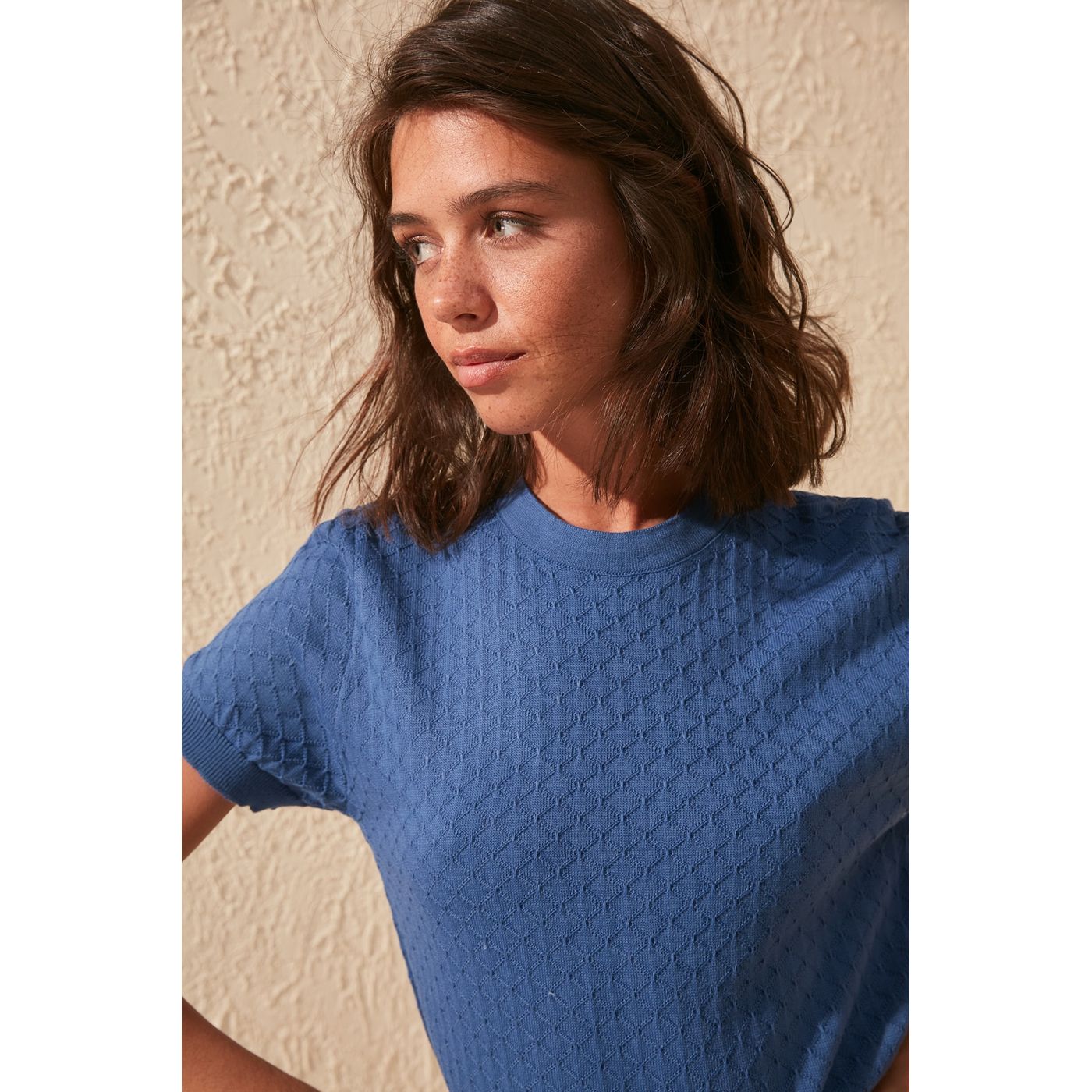 Trendyol Indigo Short Sleeve Knitting Detailed Knitwear Sweater