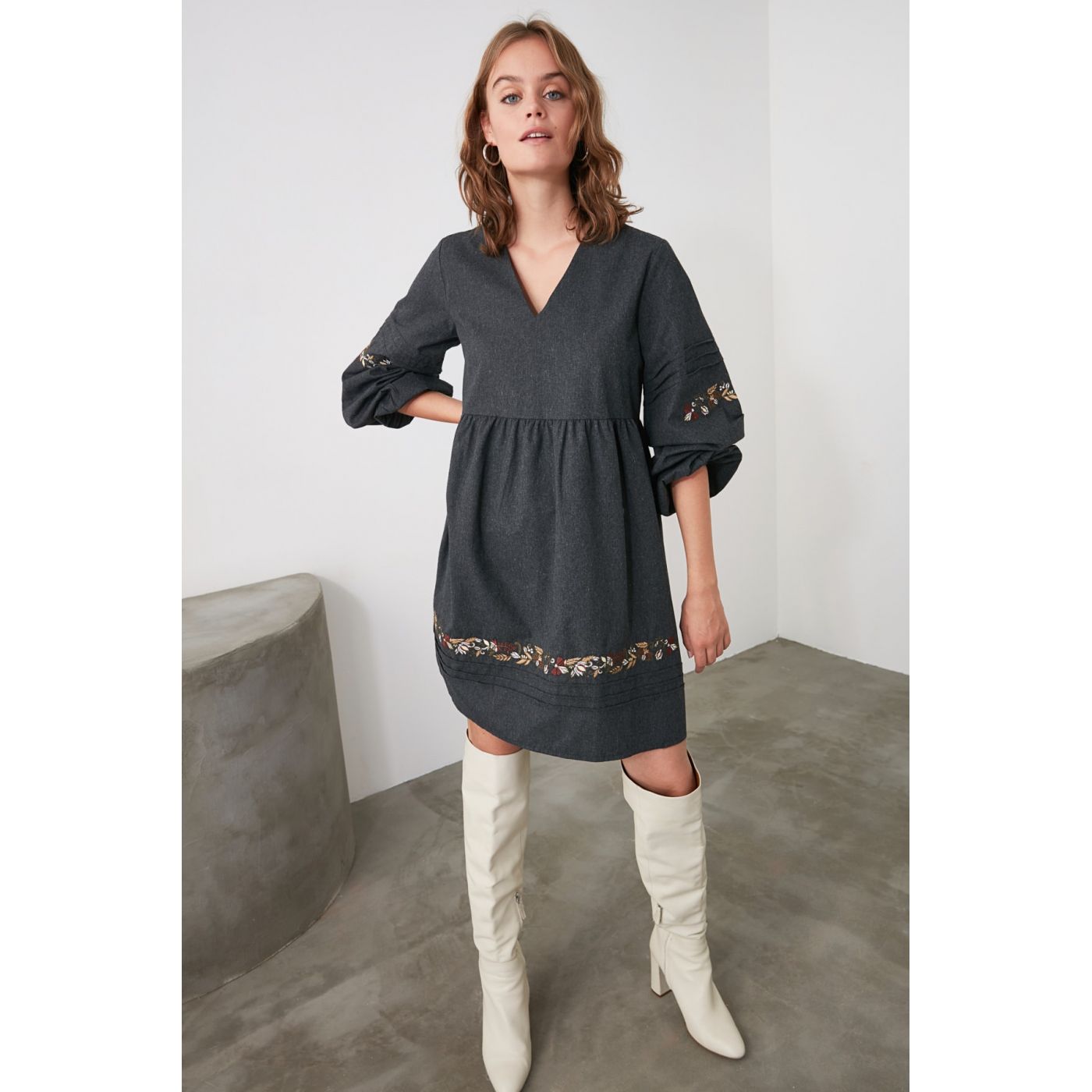 Trendyol Anthracite Embroidery Detailed Dress