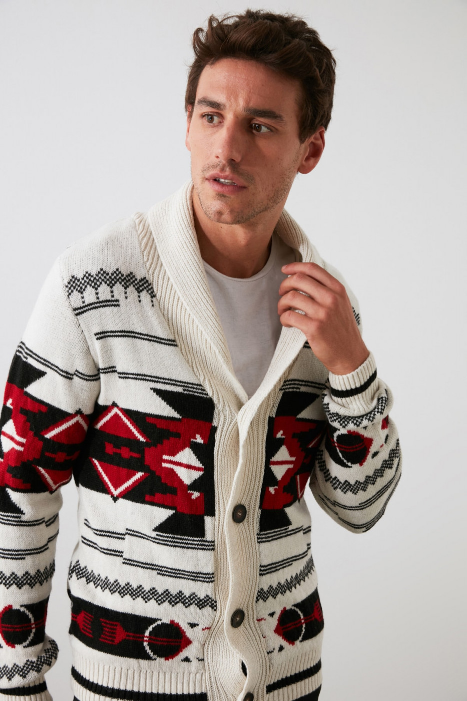Trendyol Ekru Men's Shawl Collar Ethnic Knitwear Cardigan