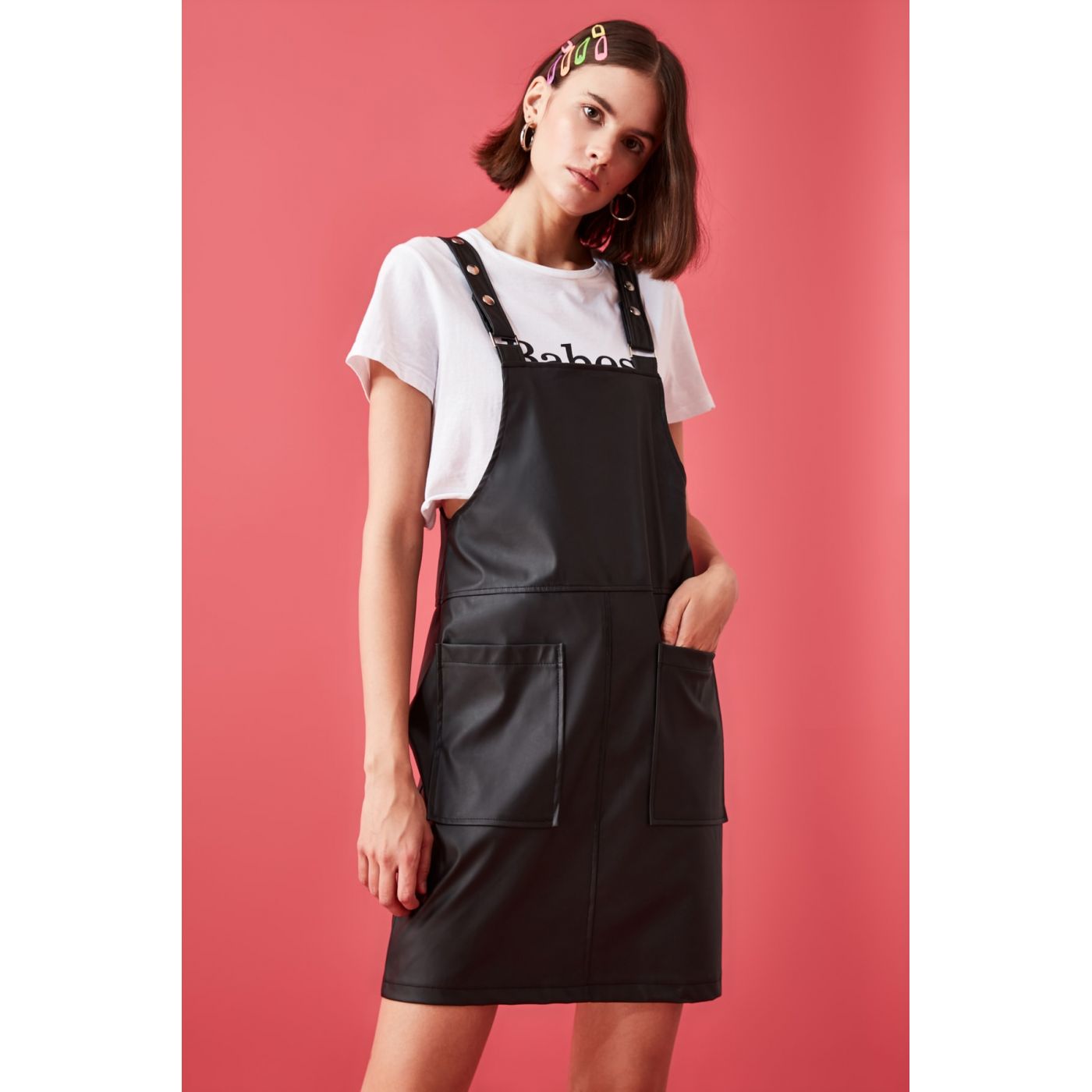 Trendyol Black Bird's Eye Detailing Fdial Leather Jile Dress