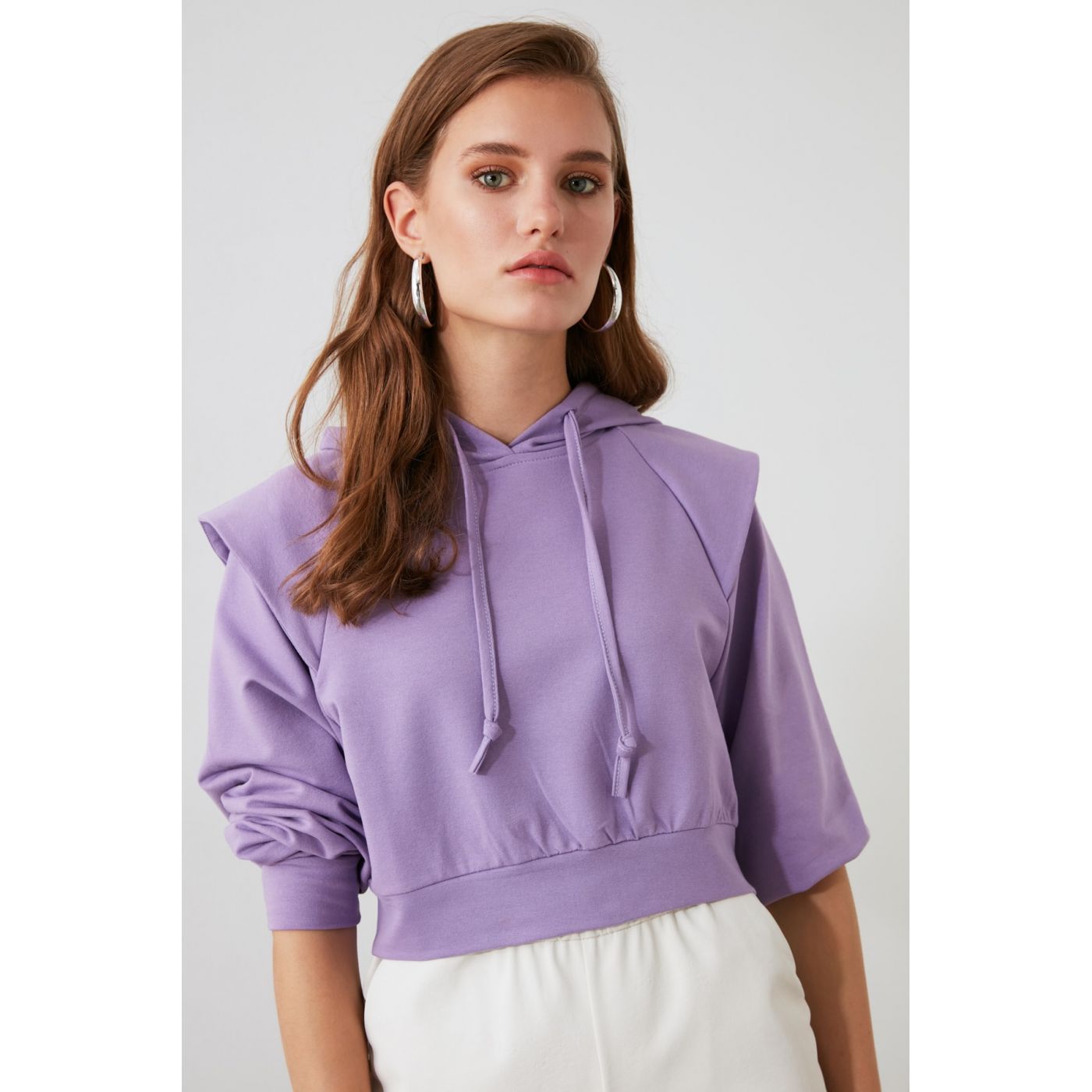 Trendyol Lila Shoulder Detailed Crop Hooded Knitted Sweatshirt