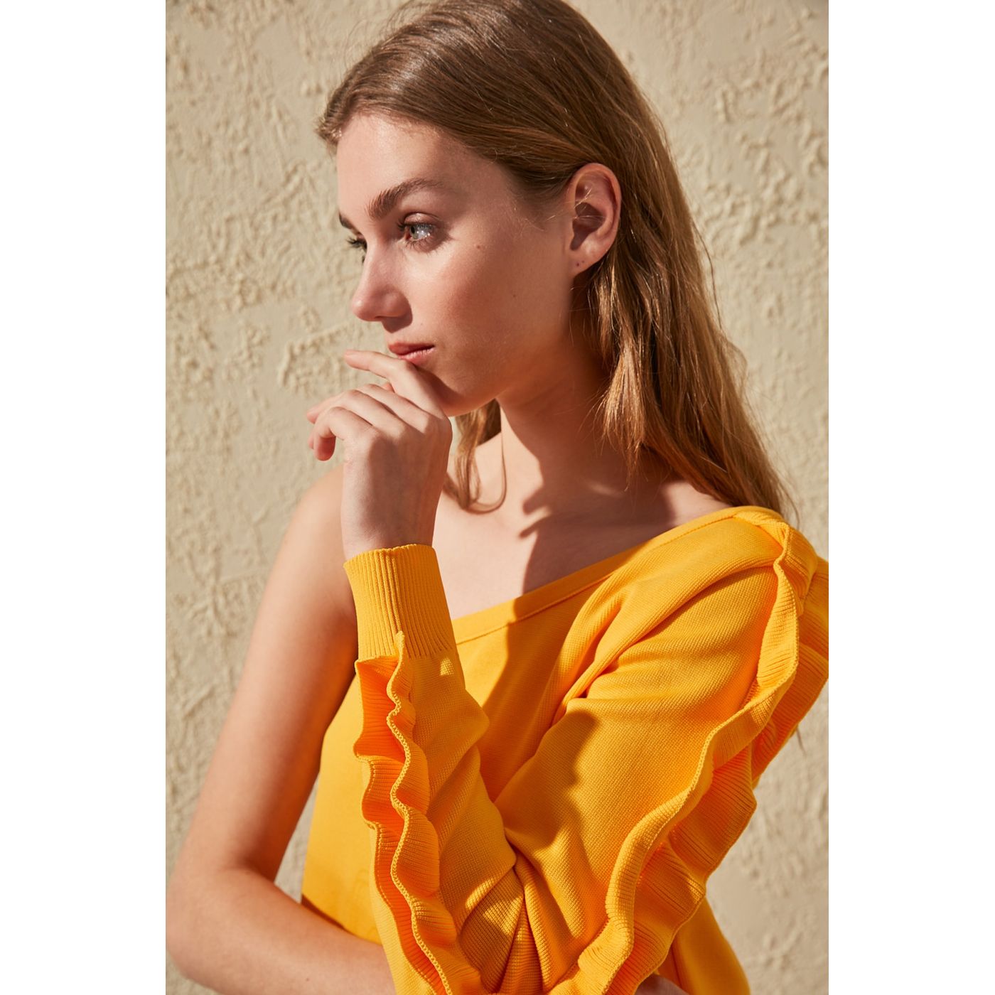 Trendyol Yellow Arm Frilled One Shoulder Knit Sweater