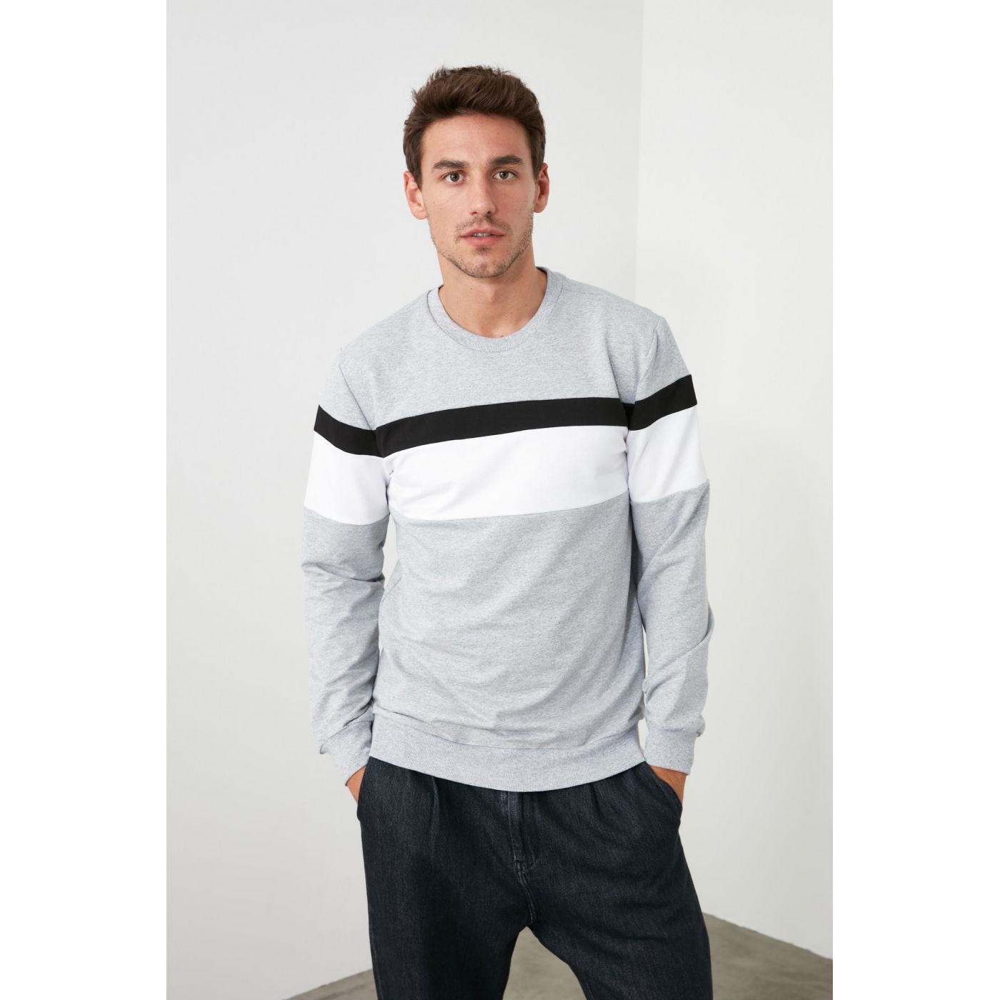 Trendyol Grey Men's Panelbike Collar Sweatshirt